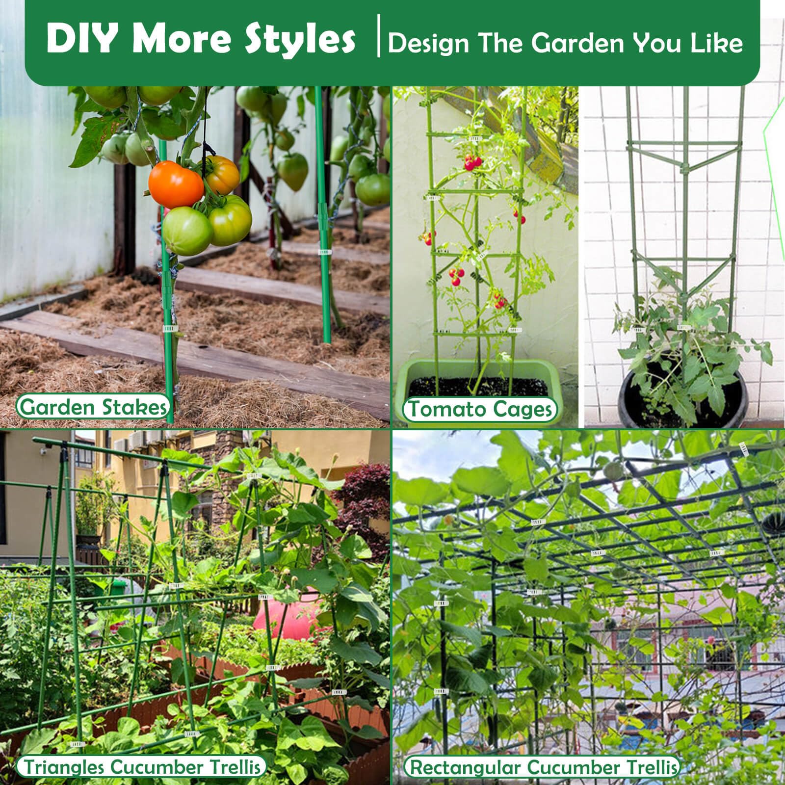 Cludoo Juego de 232 estacas de jardín con 70 juegos de estacas de fibra de vidrio para plantas, soportes y accesorios, 1.2 m, 1.5 m, 1.8 m, 2.1 m, para tomate, verduras, pimiento, vallas, plantas de