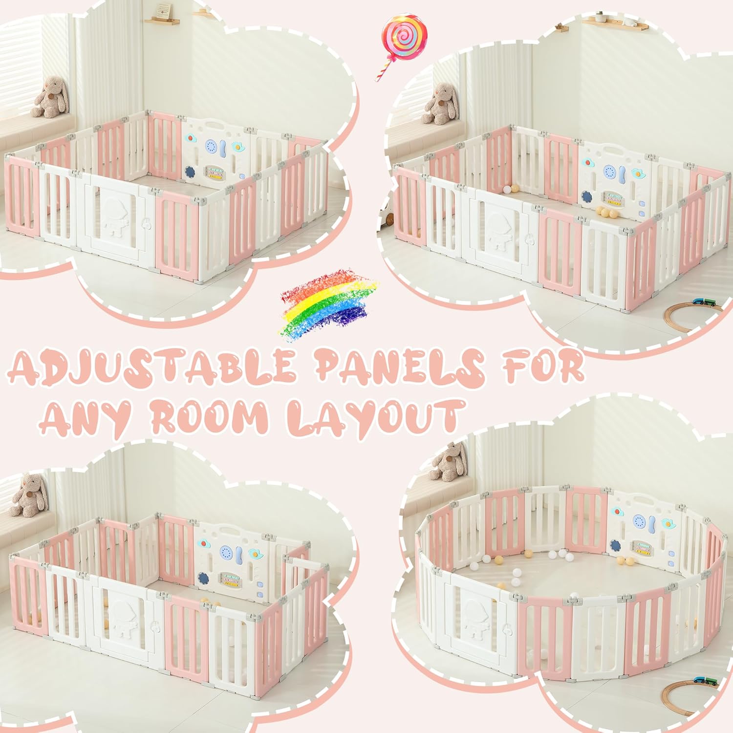 18 Panels Baby Play Pen, Extra Large Baby Playpen, Foldable Astronauts Play Pens for Babies and Toddlers, Adjustable Portable Fence Gate Playpen Yard, Pink