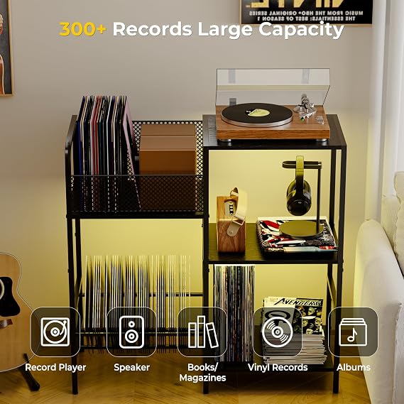 Record Player Stand with LED Light, Turntable Stand with Vinyl Storage for 300+ Albums, 3-Tier Media Cabinet with Adjustable Shelf, Mesh Fences & V-Shaped Holder, for Living Room & Bedroom
