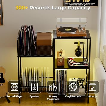 Record Player Stand with LED Light, Turntable Stand with Vinyl Storage for 300+ Albums, 3-Tier Media Cabinet with Adjustable Shelf, Mesh Fences & V-Shaped Holder, for Living Room & Bedroom