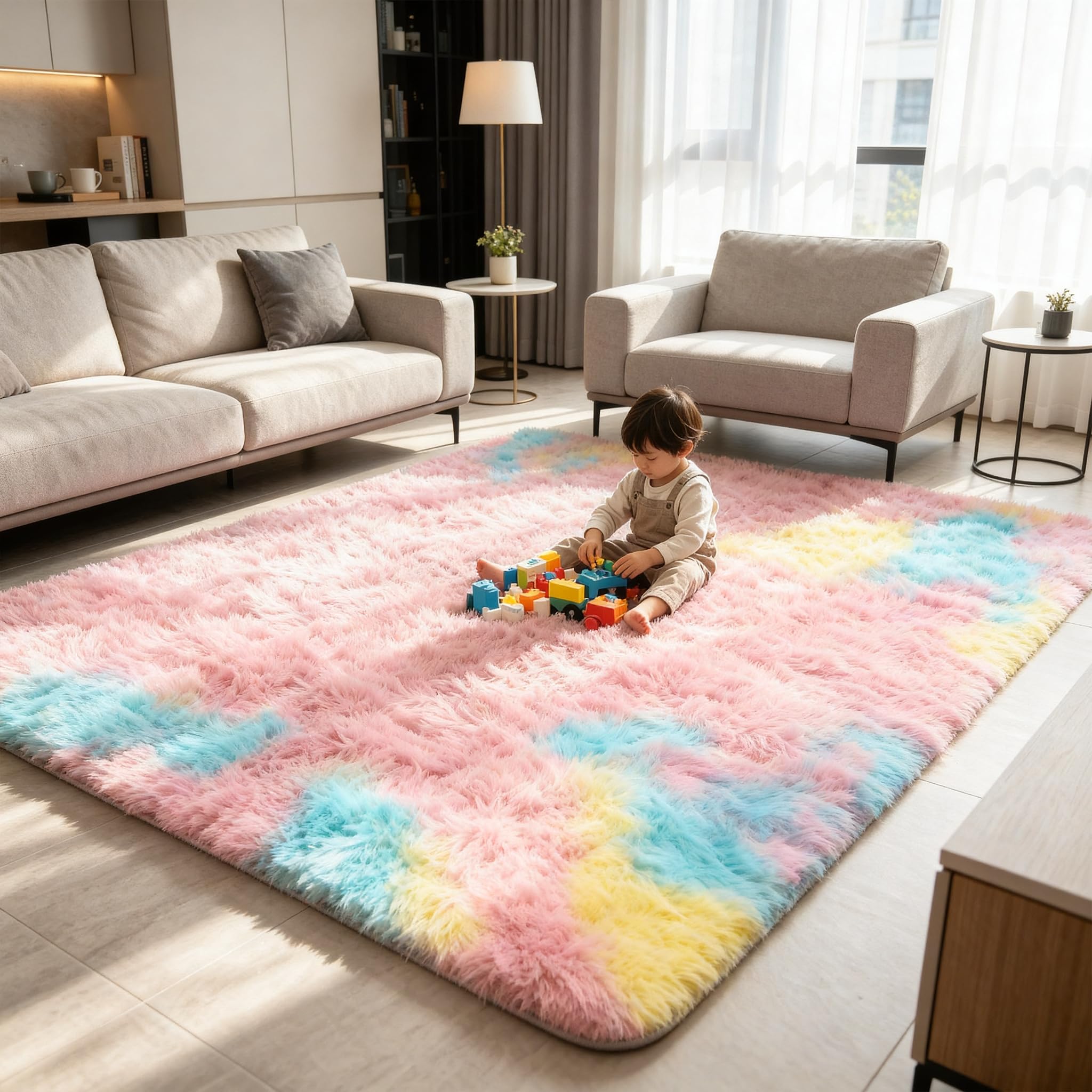 wyewye Fluffy Rug for Living Room, Large Shaggy Anti-Slip Area Rug, Soft Washable Modern Carpet for Bedroom & Nursery, 4 cm Thick Pile, 200 x 280 cm, Tie-dye Rainbow