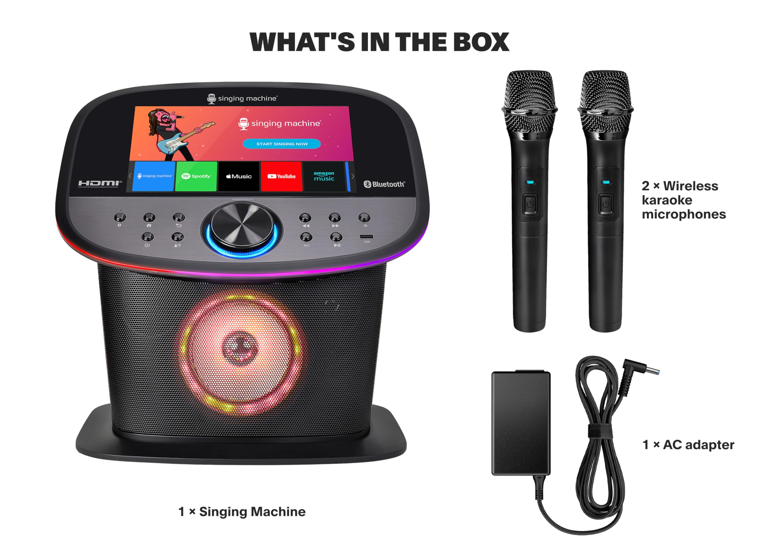 Singing Machine Platinum Plus Karaoke Premium con Pantalla – Sistema Todo en Uno – 2 micrófonos inalámbricos – Altavoz Bluetooth Wi-FI – Compatible con Youtube & Spotify – Aplicaciones integradas