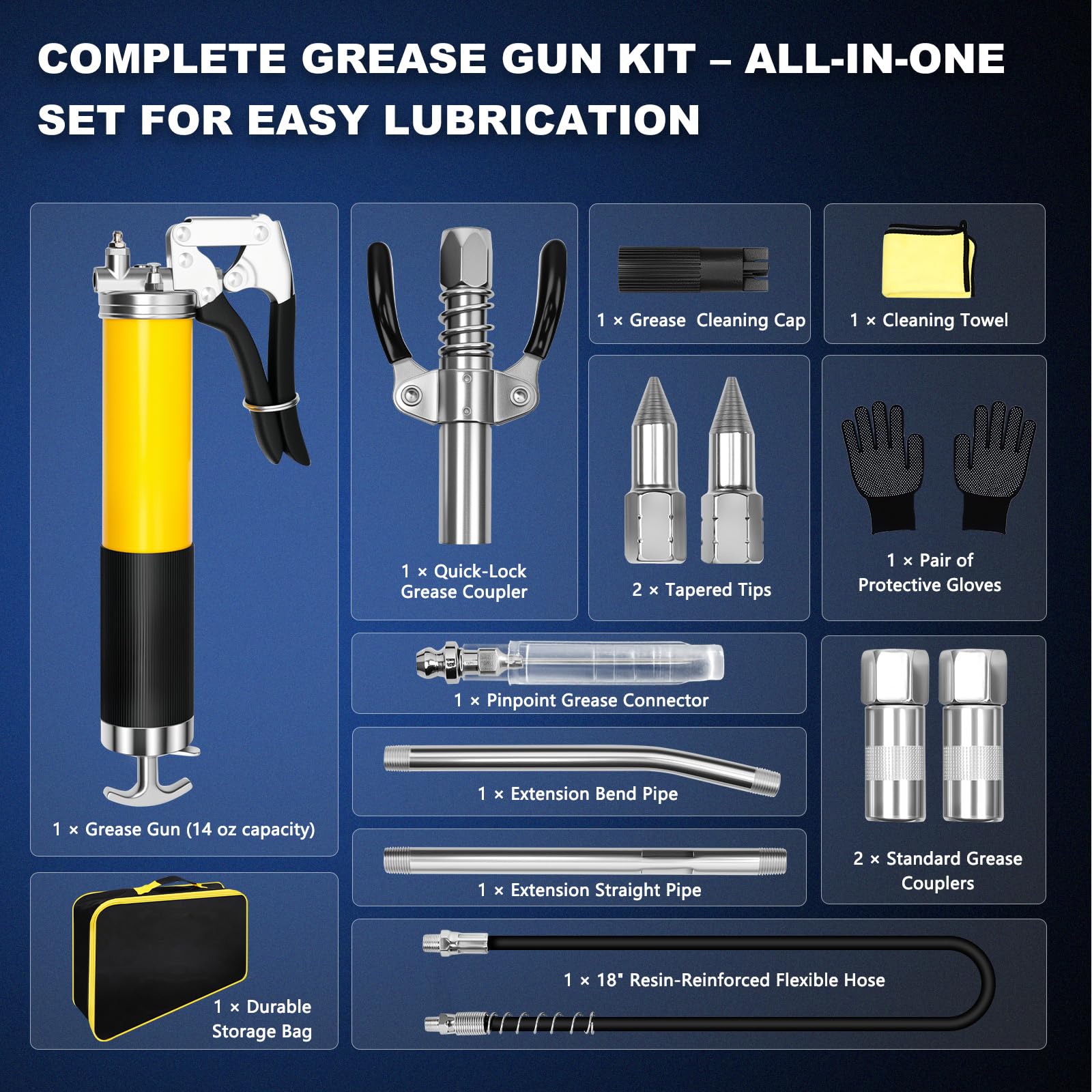14Pcs Grease Gun Kit 7000 PSI – 14 oz Manual Grease Gun with 18" Flex Hose, Quick Coupler, Precision Tips, Gloves, Towel, Storage Bag, and All Necessary Accessories for Automotive, Marine, Machinery