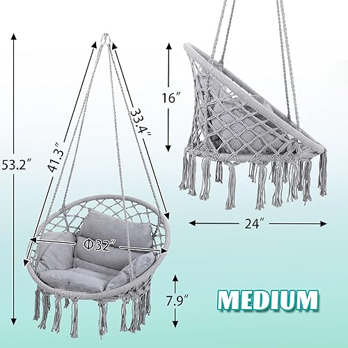 Miniatura 5 de Silla Hamaca Colgante Balanceante de Macramé con Cojín Mediano, Perfecta para Dormitorio, Porche, Adultos, Balcón, Gris