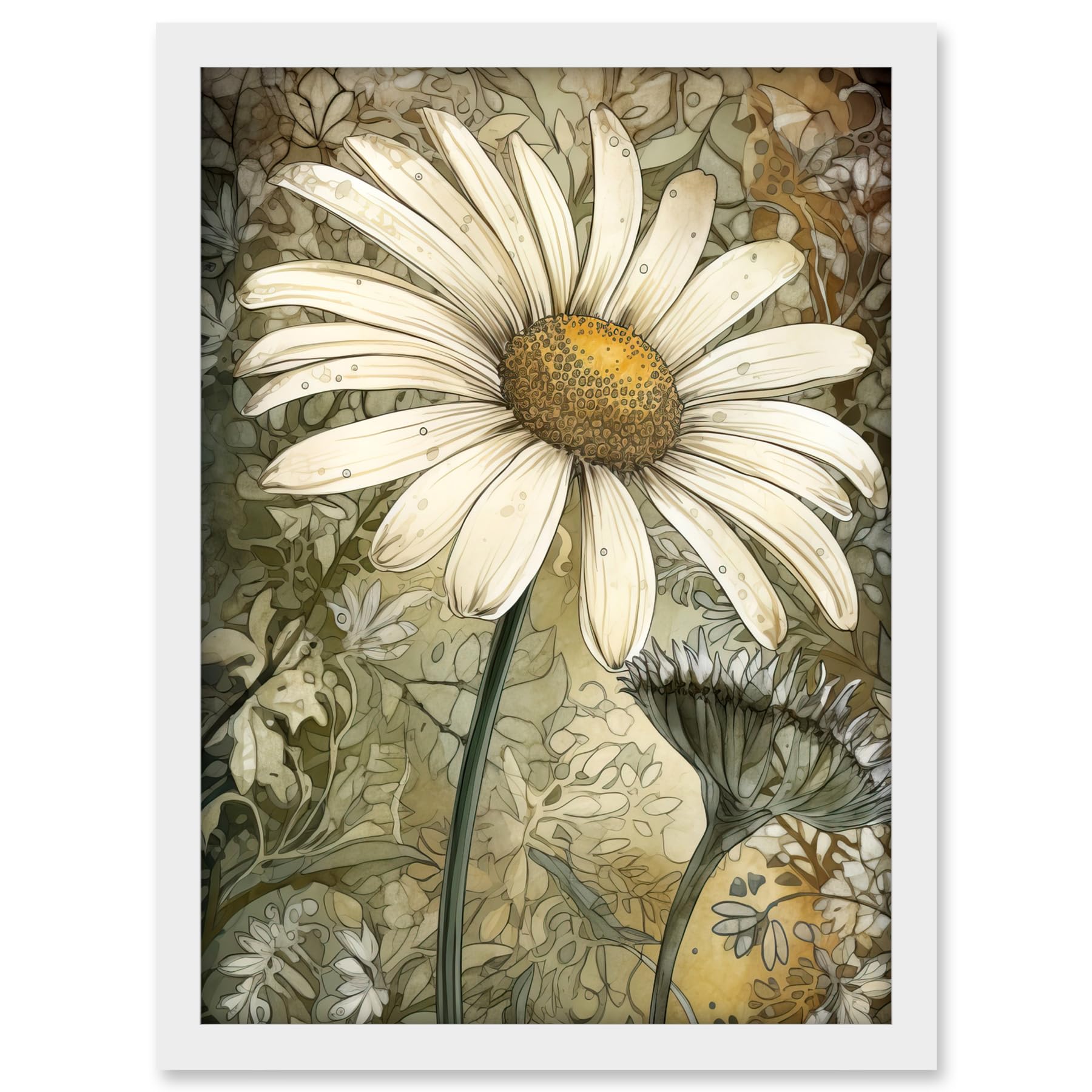 Artery8 Pastel Watercolour Daisy Flower Bloom Illustration Artwork Framed A3 Wall Art Print