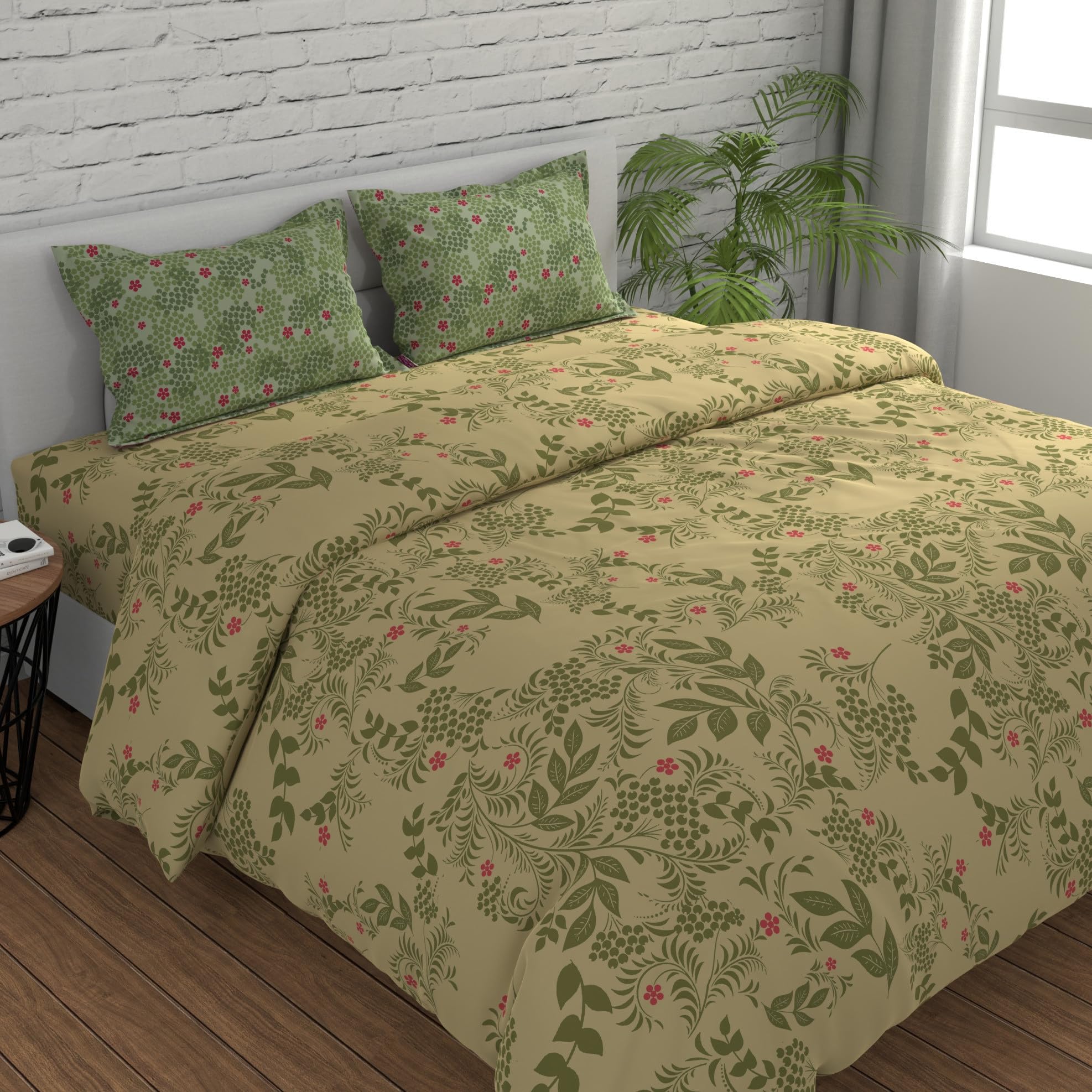 Huesland by Ahmedabad Cotton 144 TC King Size Bedsheet Cotton with 2 Pillow Covers | Botanical Bliss | 108 x 108 inches | Vanilla & Green (B0D79DH15K) Amazon Price History, Amazon Price Tracker