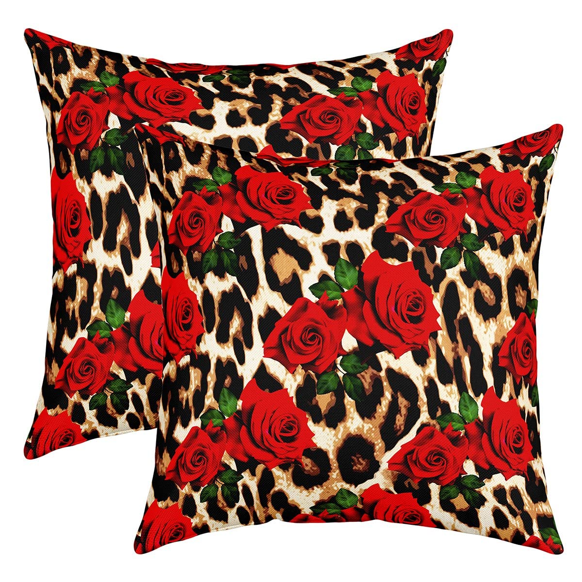 Leopard Print Throw Pillow Covers 24"x24" Set of 2 Soft Cheetah Rose Flower Pillow Cases Cushion Covers For Living Room Bedroom Safari Floral Blossom Red Decorative Throw Pillowcases for Sofa — image 1