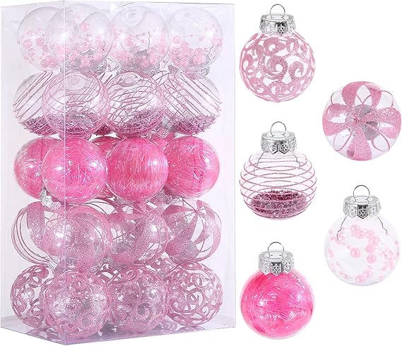 60MM/2.36 Christmas Ornaments Set, 30pcs Clear Christmas Ornaments Pink Christmas Ball Decorative Hanging Shatterproof Baubles for Xmas Tree Ornaments Decorations for Holiday Party Thanksgiving Decor