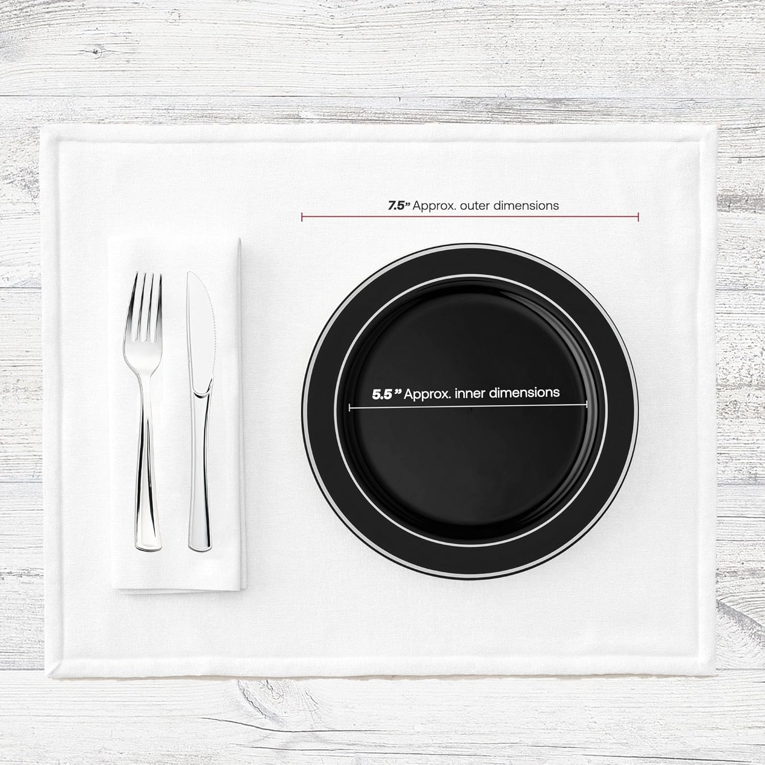 Smarty Had A Party Dinnerware Set for 120 Guests, Black with Silver Rim 7.5 Inch Salad Plates, Elegant Disposable Plates