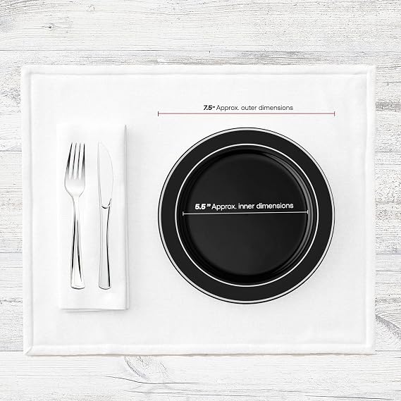 Smarty Had A Party Dinnerware Set for 120 Guests, Black with Silver Rim 7.5 Inch Salad Plates, Elegant Disposable Plates