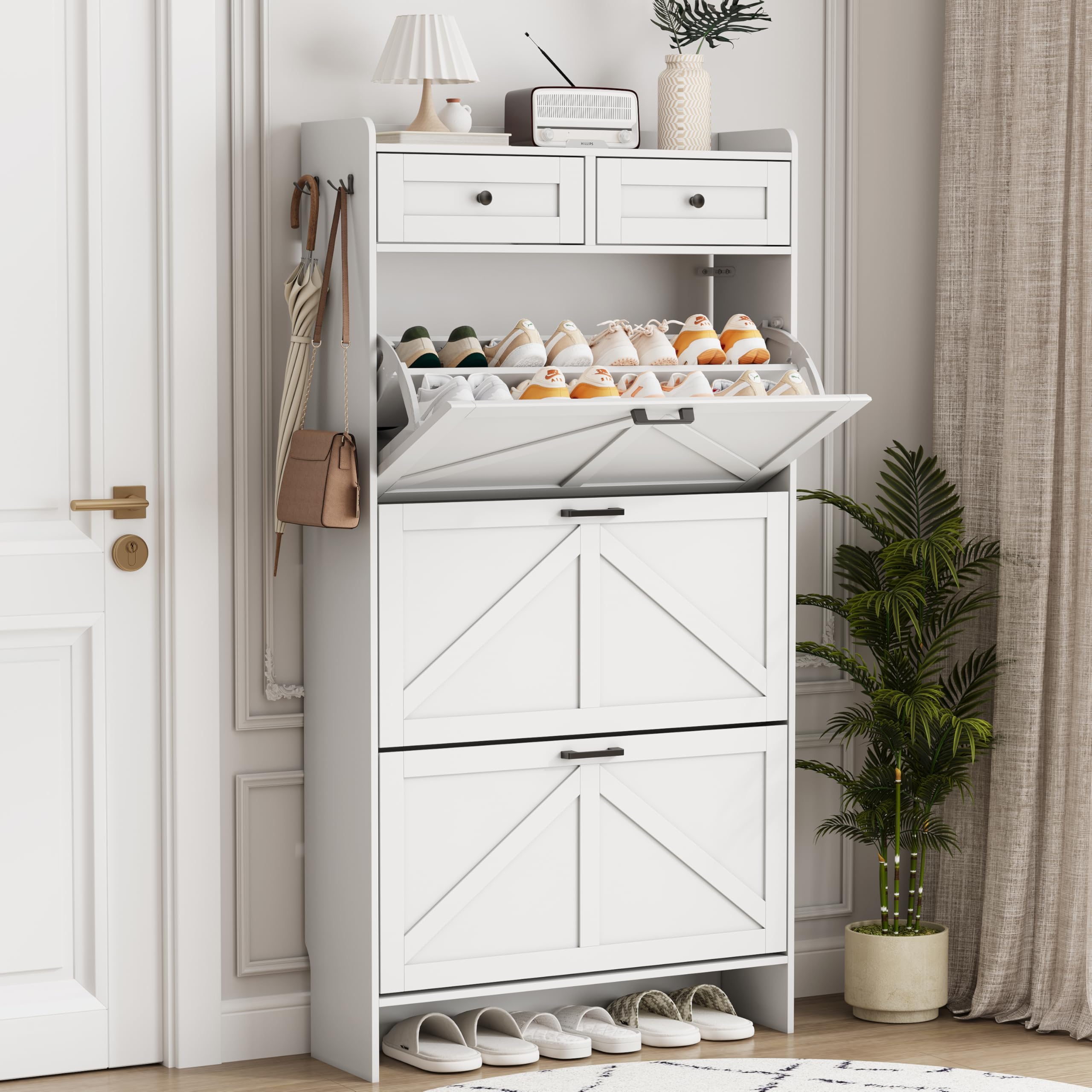 Shoe Cabinet with 3 Flip Drawers &amp; 2 Top Drawers, 57" Tall Freestanding Narrow Wooden Shoe Storage Organizer for Entryway, Hidden Slim Shoe Rack for Front Door Entrance, Hallway, Living Room, White