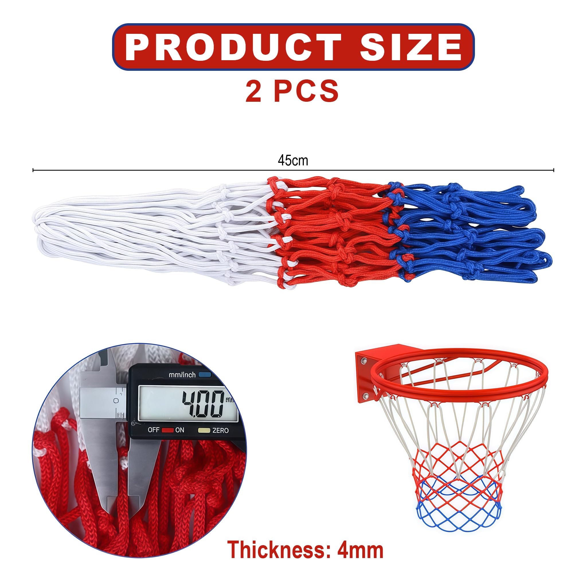 2 Pezzi Rete da Basket, Rete per Canestro da Basket Dimensioni Standard con 12 Anelli, Rete da Basket per Esterno e Interno, Nylon Rinforzato Resistente alle Intemperie, Lunghezza 45cm