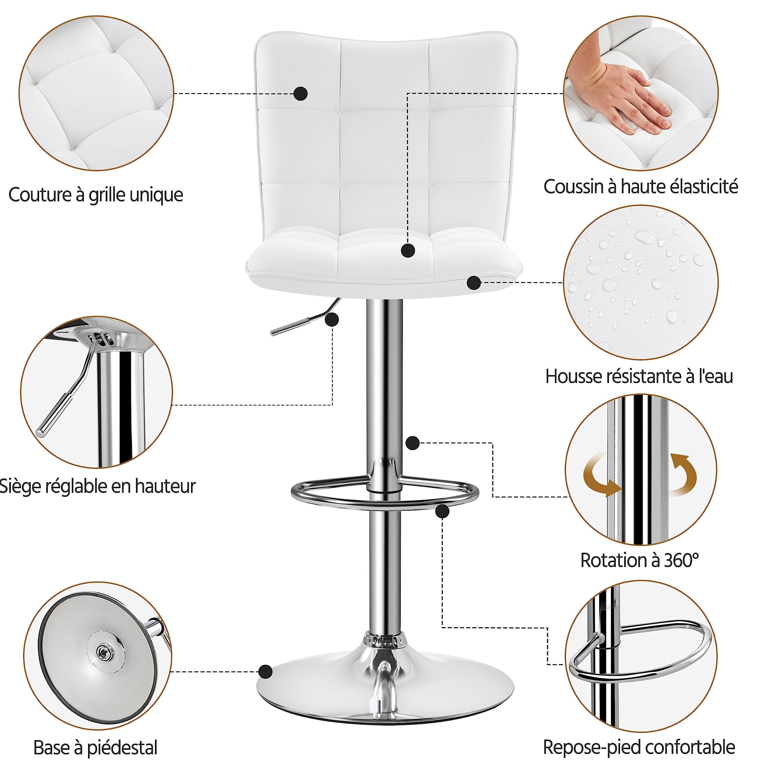 Yaheetech Lot de 2 Tabourets de Bar en Similicuir Réglables en Hauteur Chaises de Bar Assise Pivotante à 360° Tabourets de Cuisine pour Bar Salle à Manger Comptoir 50 × 43,5 × 92,5 cm 2/Blanc