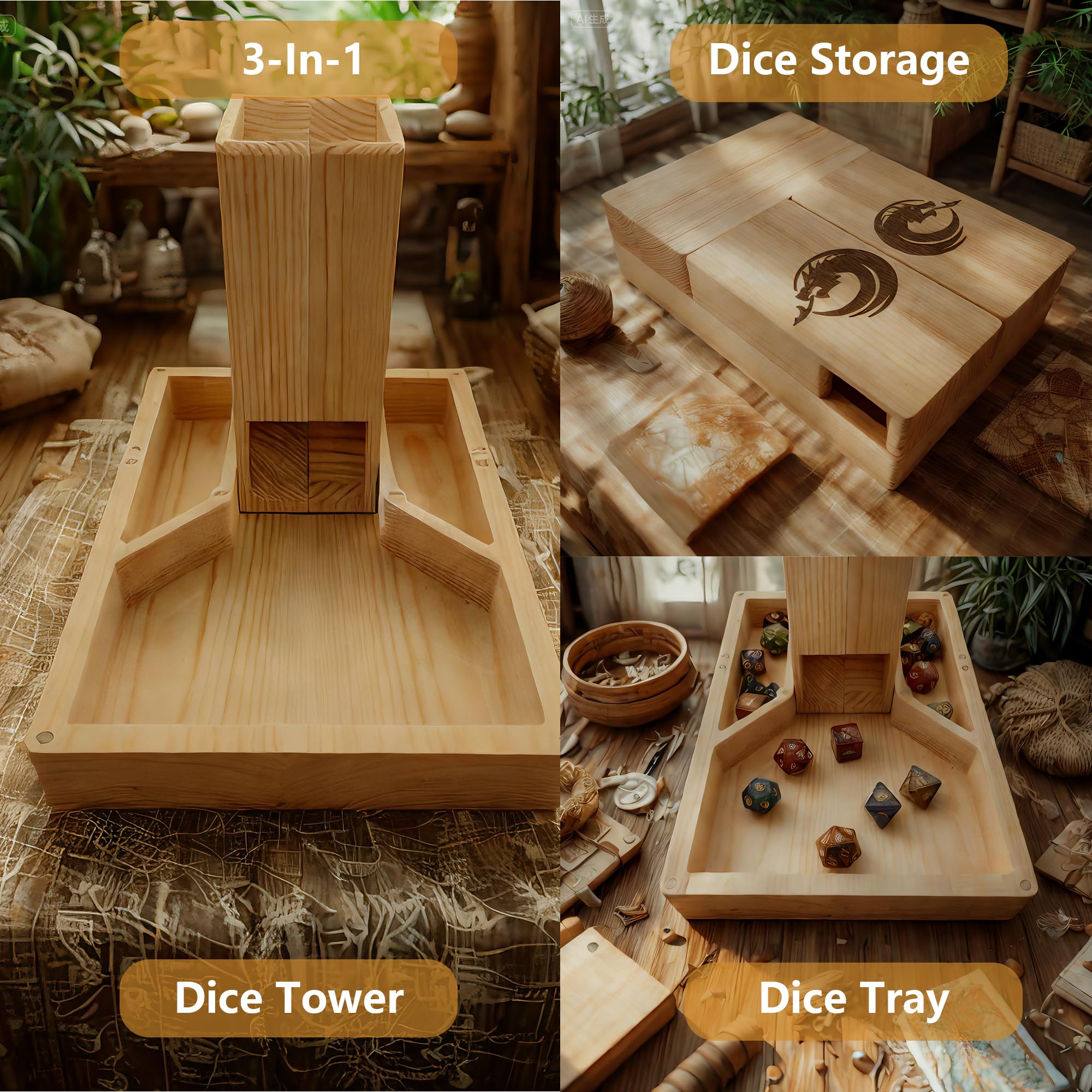 Torre di dadi in legno per DND, torre di dadi con tavole per dadi, torre magnetica portatile per Dungeon and Dragon, Cthulhu, gioco da tavolo e giochi di ruolo