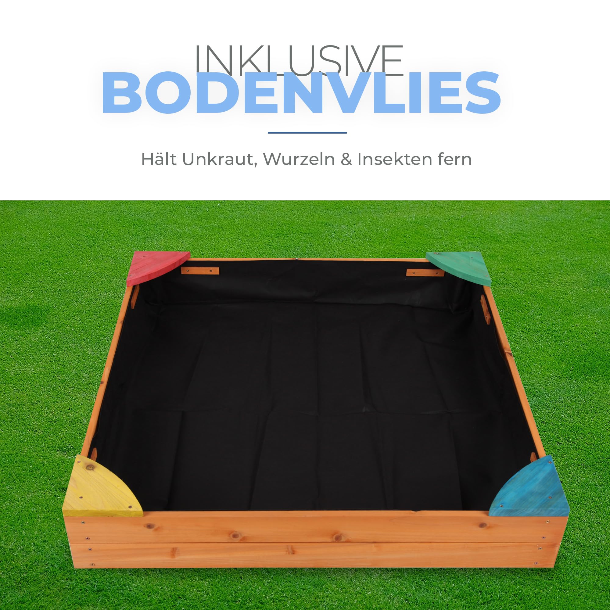 Bestlivings Sandkasten mit Abdeckung 90x90x16 cm, Holz Sandbox inkl. Bodenplane gegen Unkraut und Käfer, Buddelkasten mit bunten Ecken für den Garten