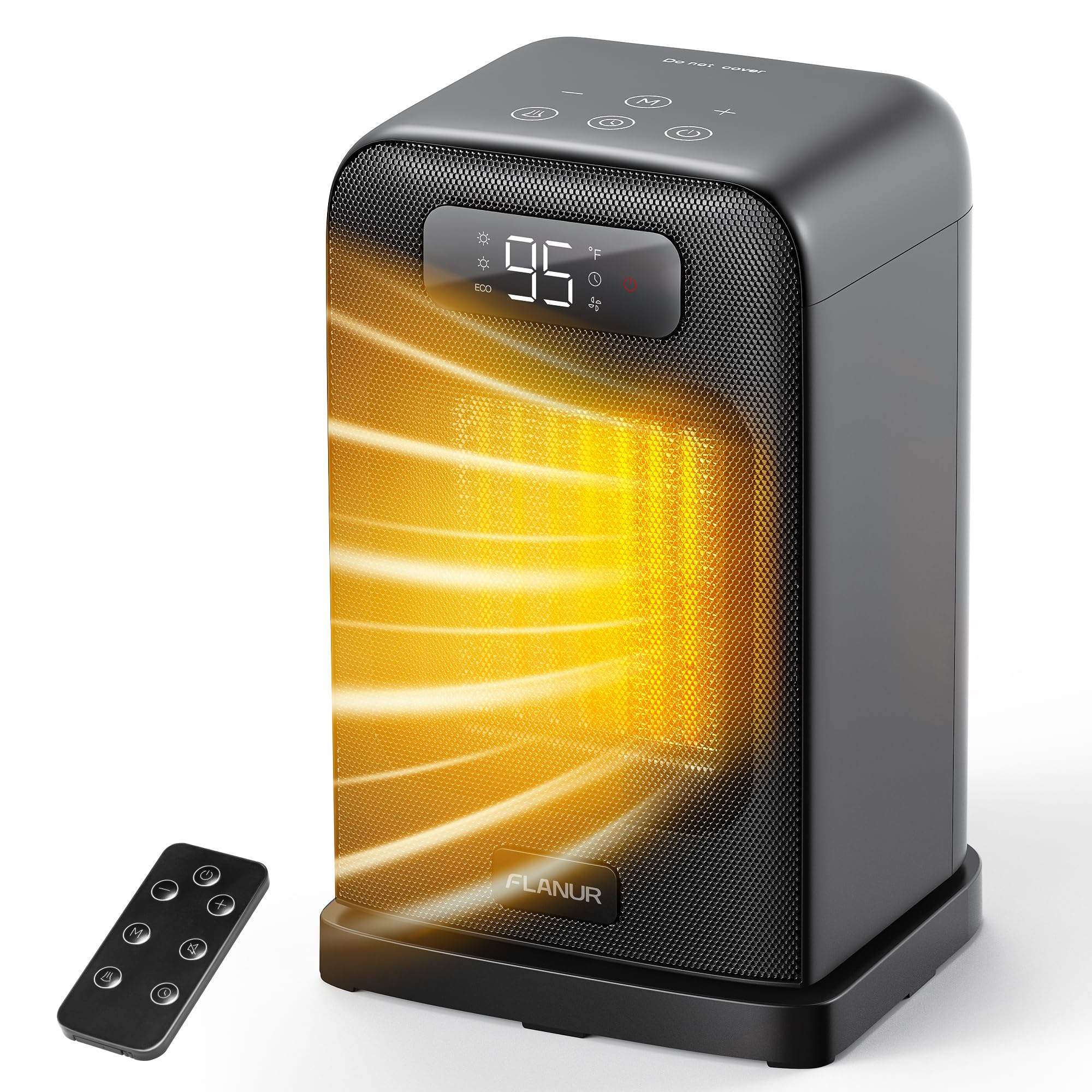 FLANUR Space Heater, 1500W PTC Ceramic Safety Heat with Remote, Thermostat, ECO Mode, 12H Timer, Overheat & Tip Over Protection, 70° Oscillation, Space Heaters for Indoor Use, Bedroom, Office, Black