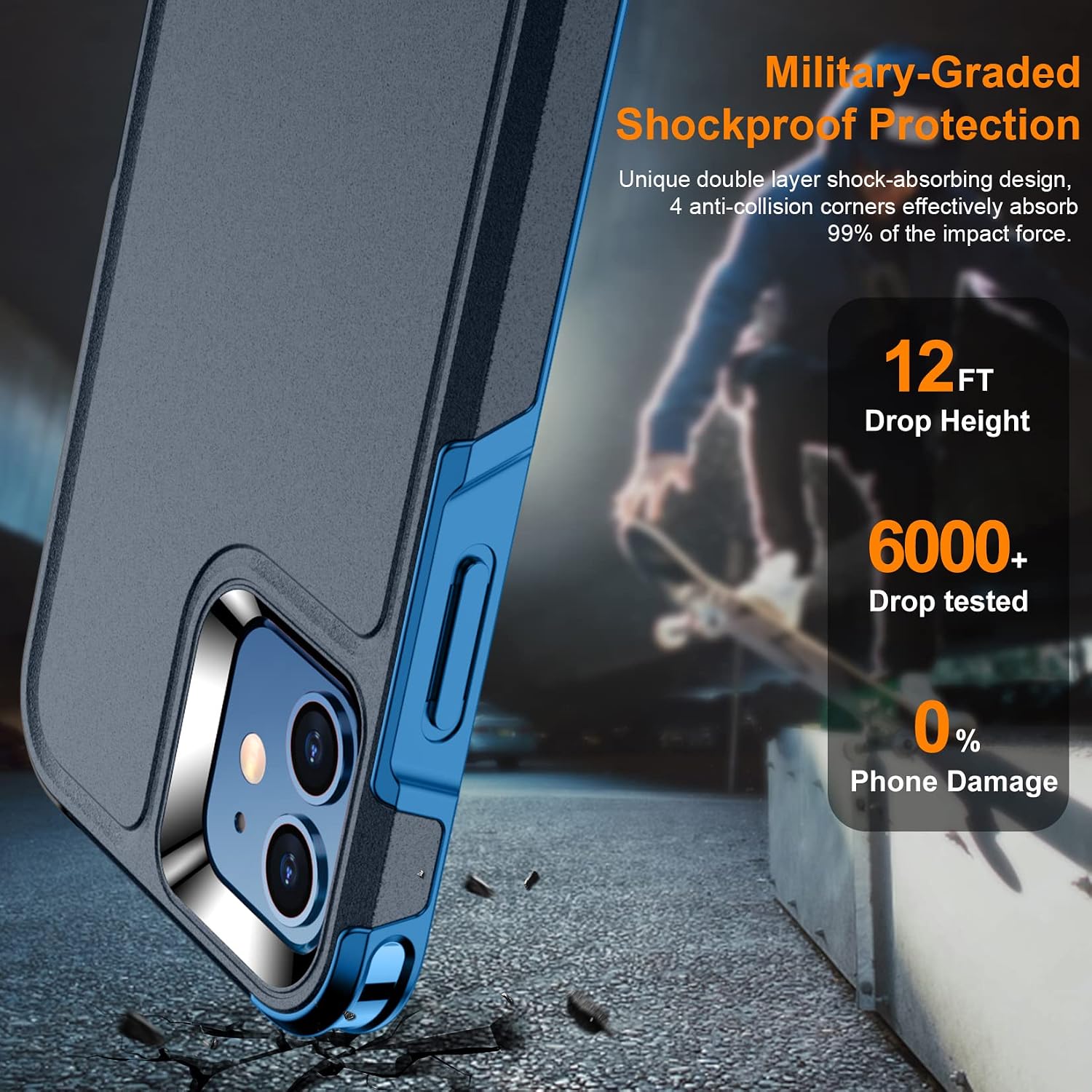 Temdan for iPhone 12 Case for iPhone 12 Pro Case, [12 FT Military Grade Drop Protection] with 2 Pack [Glass Screen Protector+ Camera Lens Protector] Non-Slip Shockproof Case-Grey
