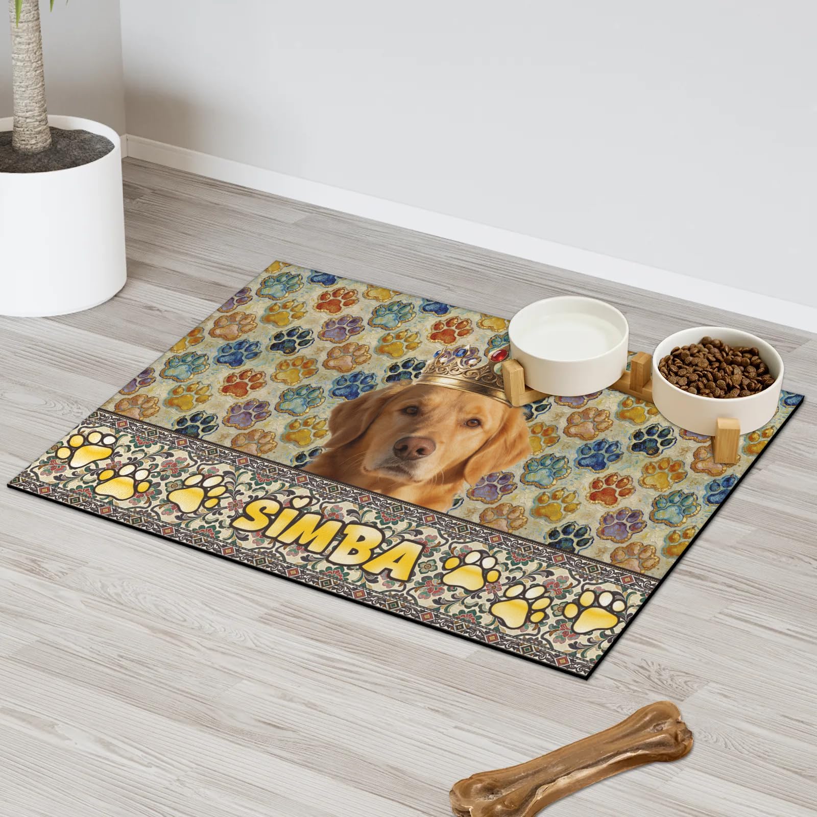 Personalised Pet Dog Cat Feeding Mat - Custom Photo & Name, Diatomite Absorbent Mat for Dogs Cats, Non-Slip Bowl Mat, Washable & Foldable, 4 Sizes | Retro King