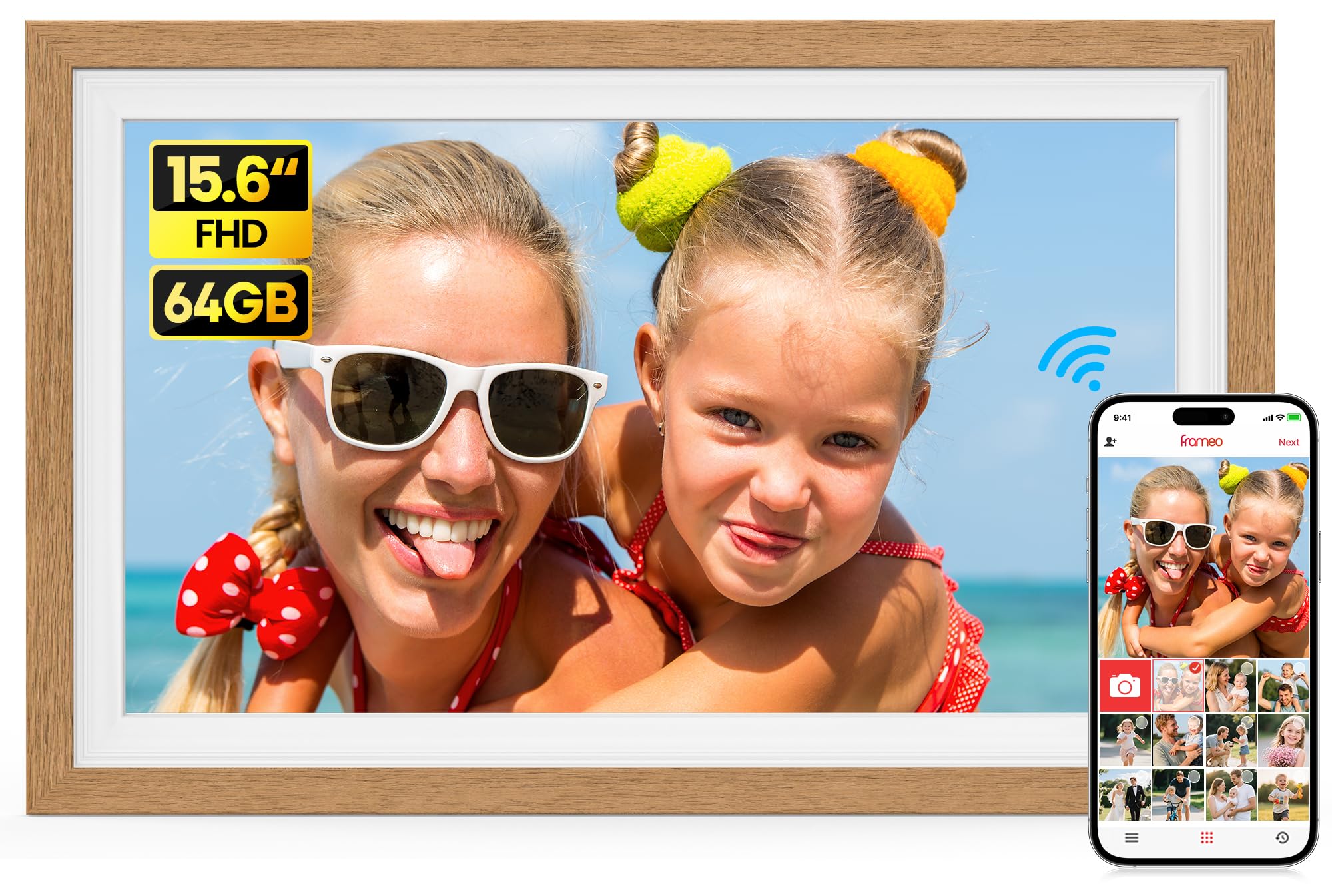 64GB FRAMEO 15,6 Zoll Digitaler Bilderrahmen -1920 * 1082P FHD IPS Touchscreen Digitale Bilderrahmen, Auto Rotation Elektronischer Fotorahmen, Teilen Sie Fotos/Videos Sofort