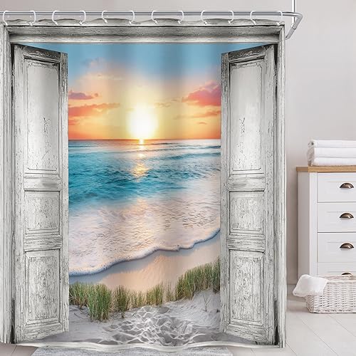 Miniatura 19 de Riyidecor - Cortina de ducha para puerta de granero con temática de playa oceánica gris para decorar el baño, 72 pulgadas de ancho x 72 pulgadas de
