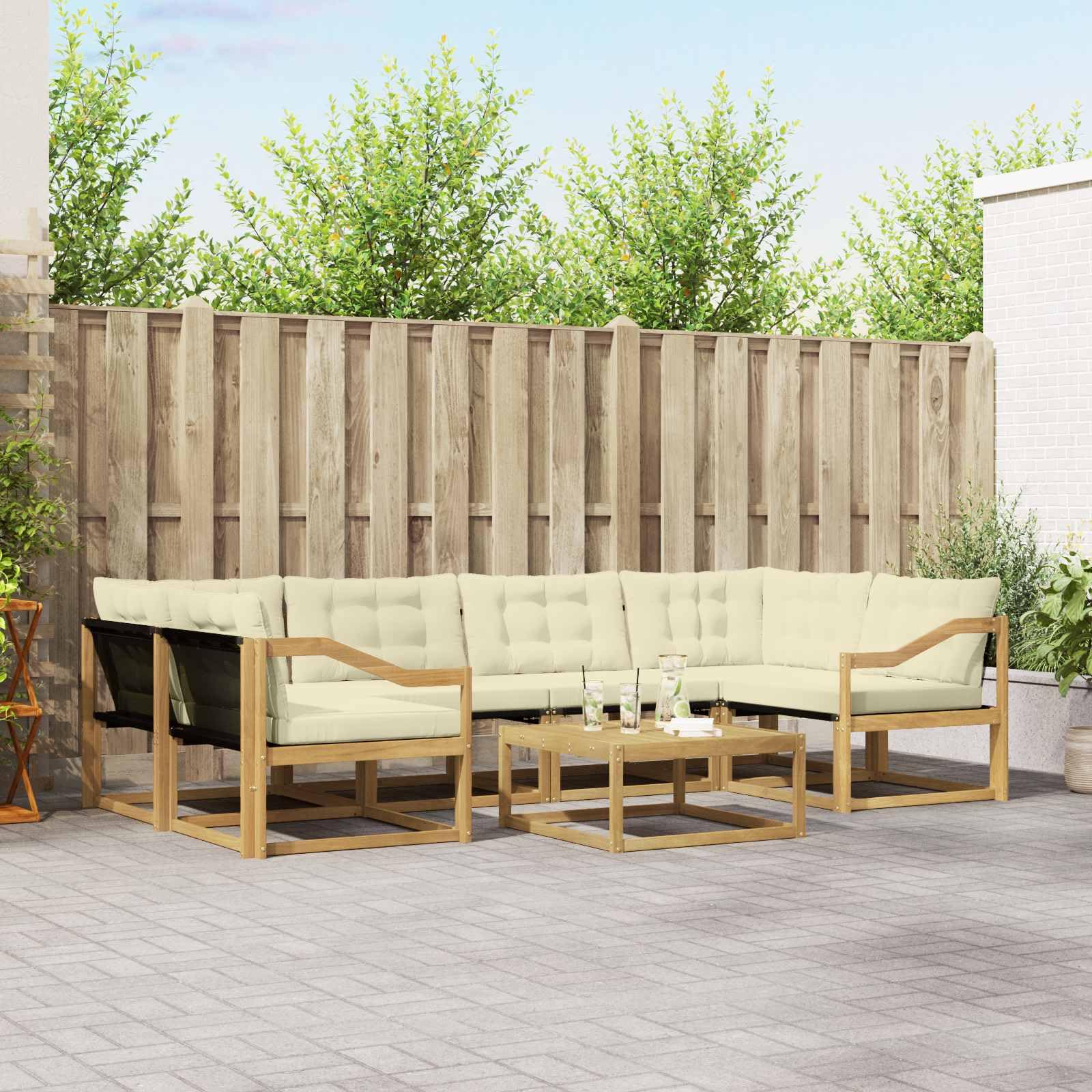 Gartenmöbelgarnitur 7-teilig aus massivem Akazienholz wetterfest und modular für Terrasse Balkon und Garten mit Tisch, Sofas, Sesseln, Kissen und stilvollem Design