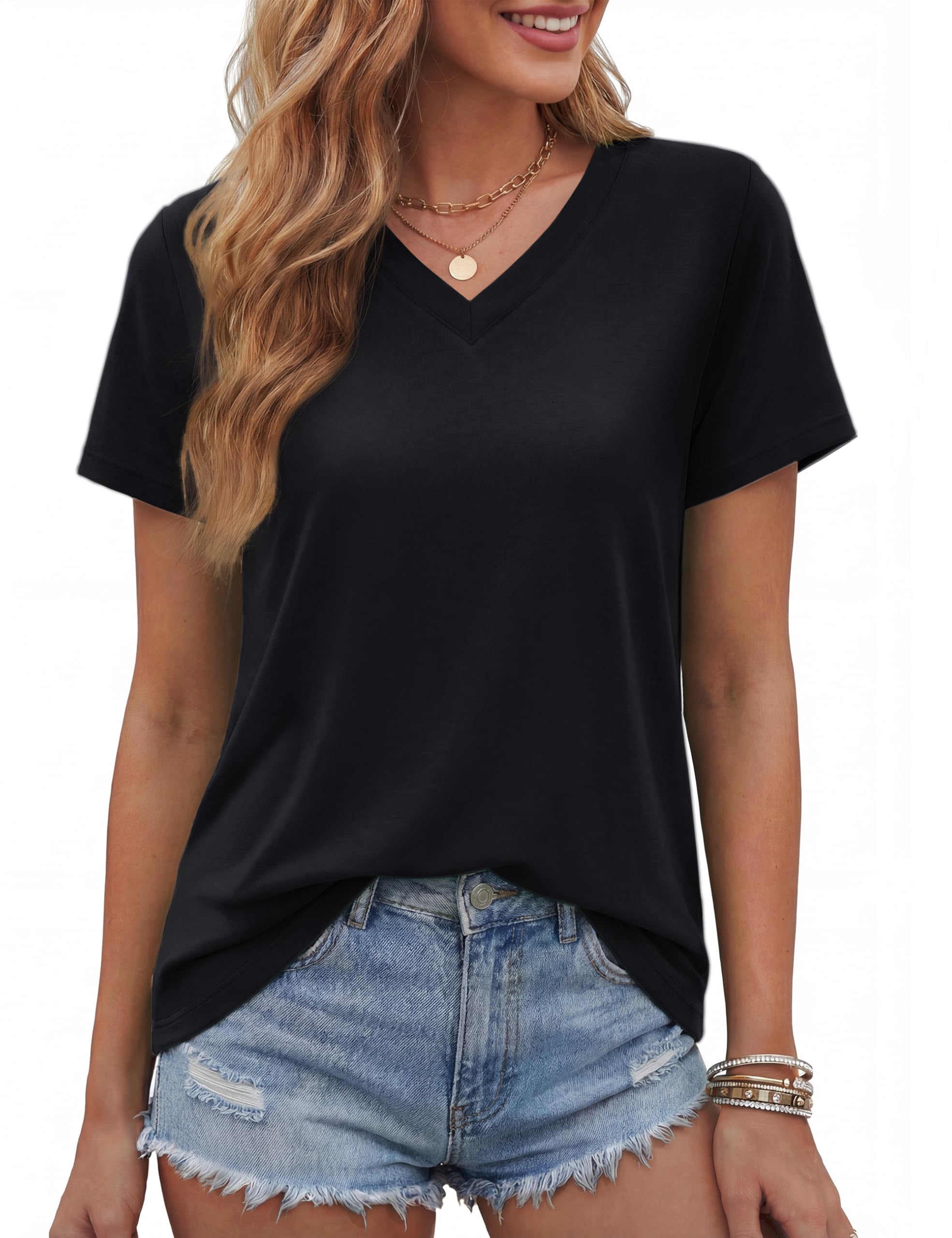 TACVASEN Damen Tshirt Kurzarm V-Ausschnitt Shirt Baumwolle Top Lässig Sommer Basic Oberteile