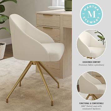 Martha Stewart Sora Stationary Swivel Task Chair with Sloped Arms for Home Office in Off White Boucle with Polished Brass Frame