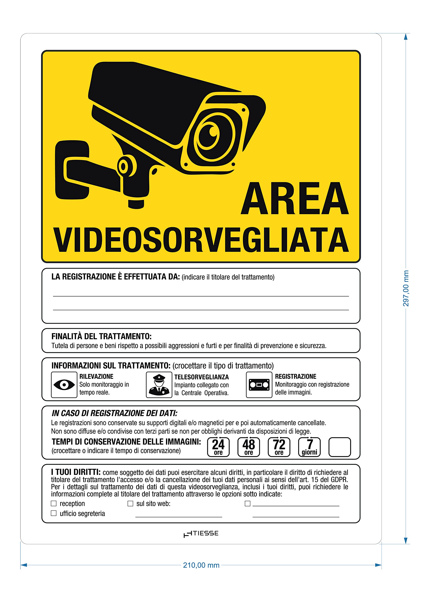 Cartello 20x30 Area VideoSorvegliata Sola Rilevazione