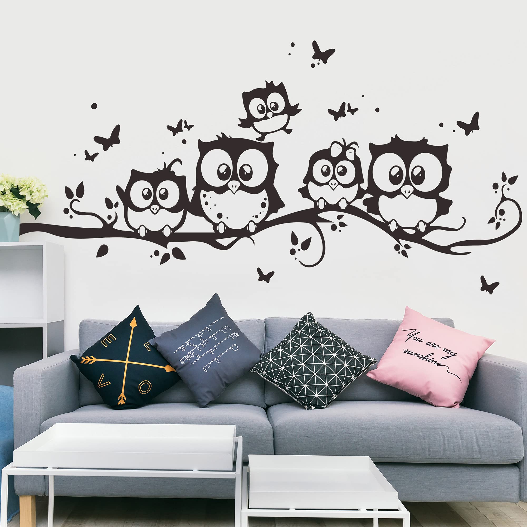 Calcomanía de pared con diseño de búhos familiares en las ramas del árbol, vinilo negro de dibujos animados, para decoración de pared para habitaciones de bebés, niños, dormitorio, sala de estar,