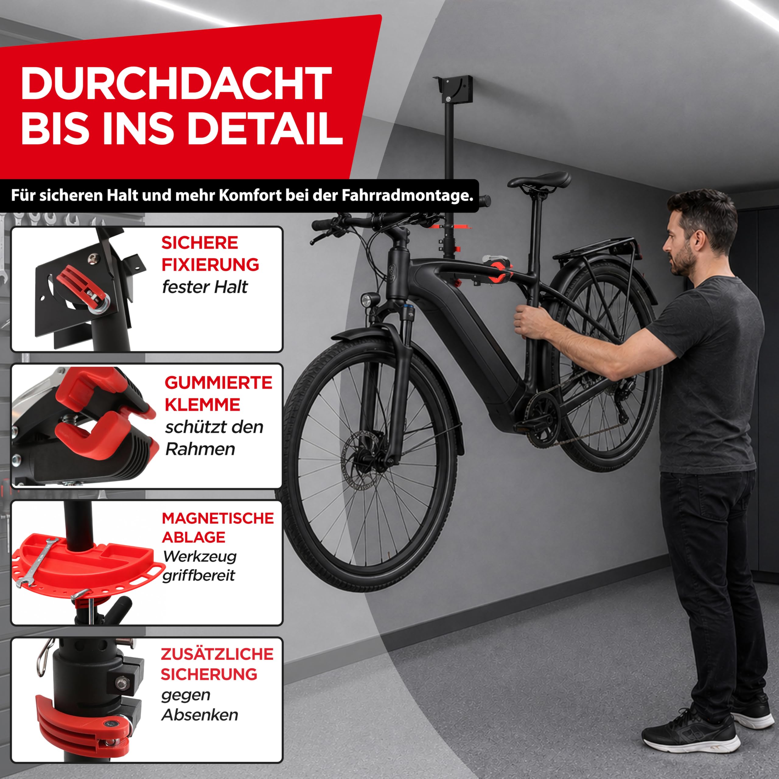 Adamix BikeClamp 30 Montageständer Deckenmontage, bis 30 kg, klappbar | Designed in Germany, höhenverstellbar, Fahrrad Montagehalterung und Reparaturständer für MTB, E-Bike, Rennrad