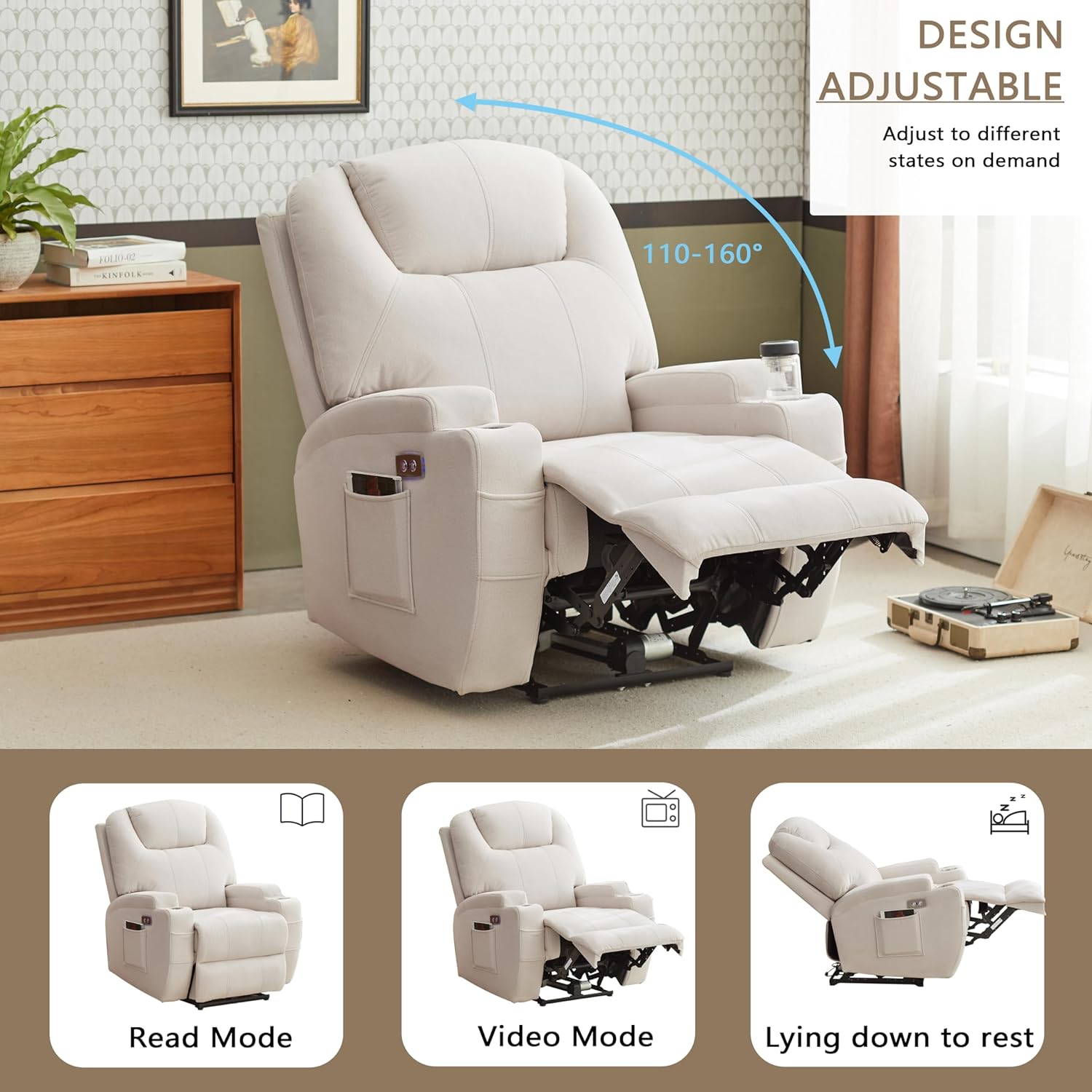 Image illustrating the adjustable design of the recliner, showing read mode, video mode, and lying down to rest mode with angles from 110 to 160 degrees.