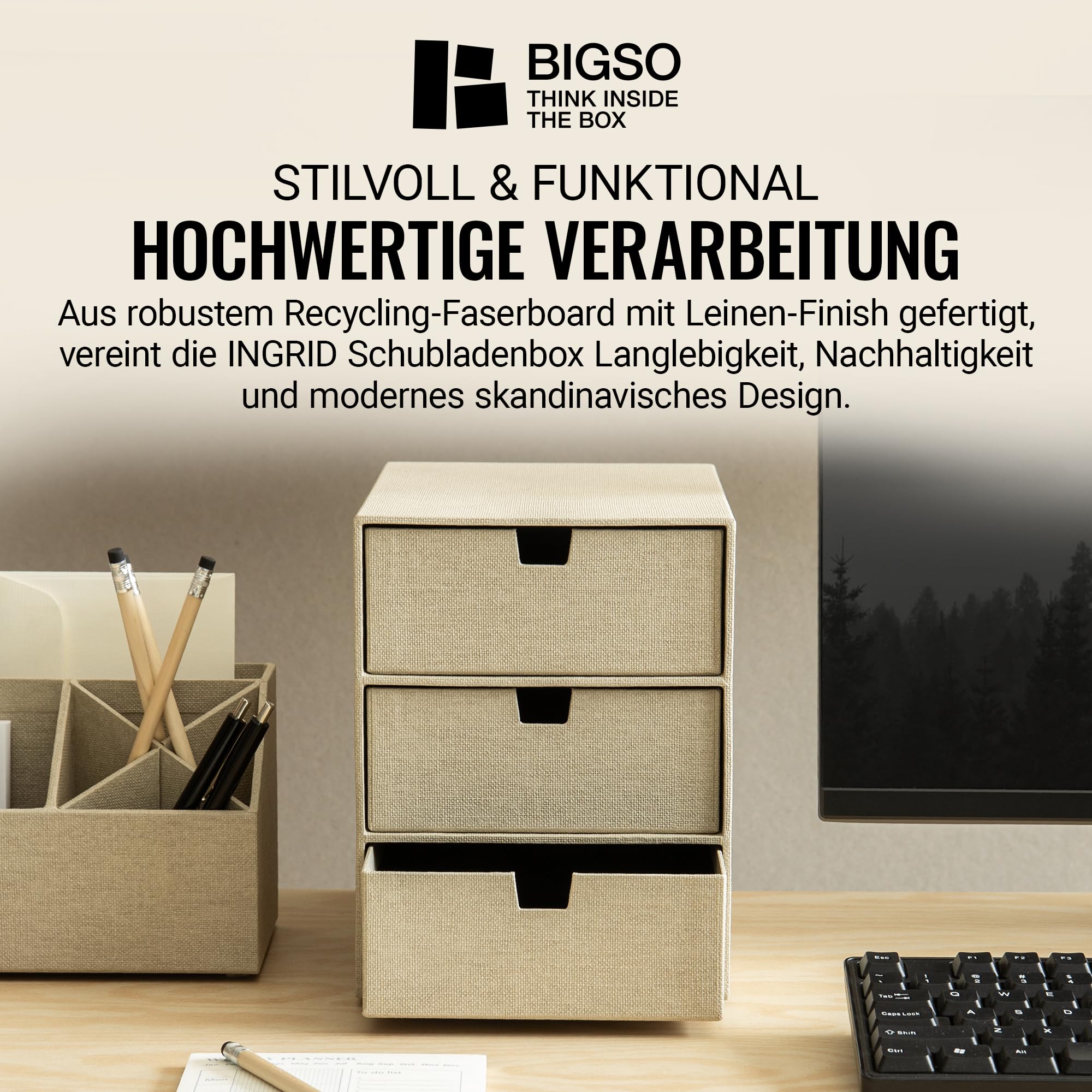 BIGSO INGRID Schubladenbox für Dokumente und Bürobedarf – Schreibtisch Organizer mit 3 Schubladen – Ablagesystem aus Faserplatte und Papier in Leinenoptik – beige