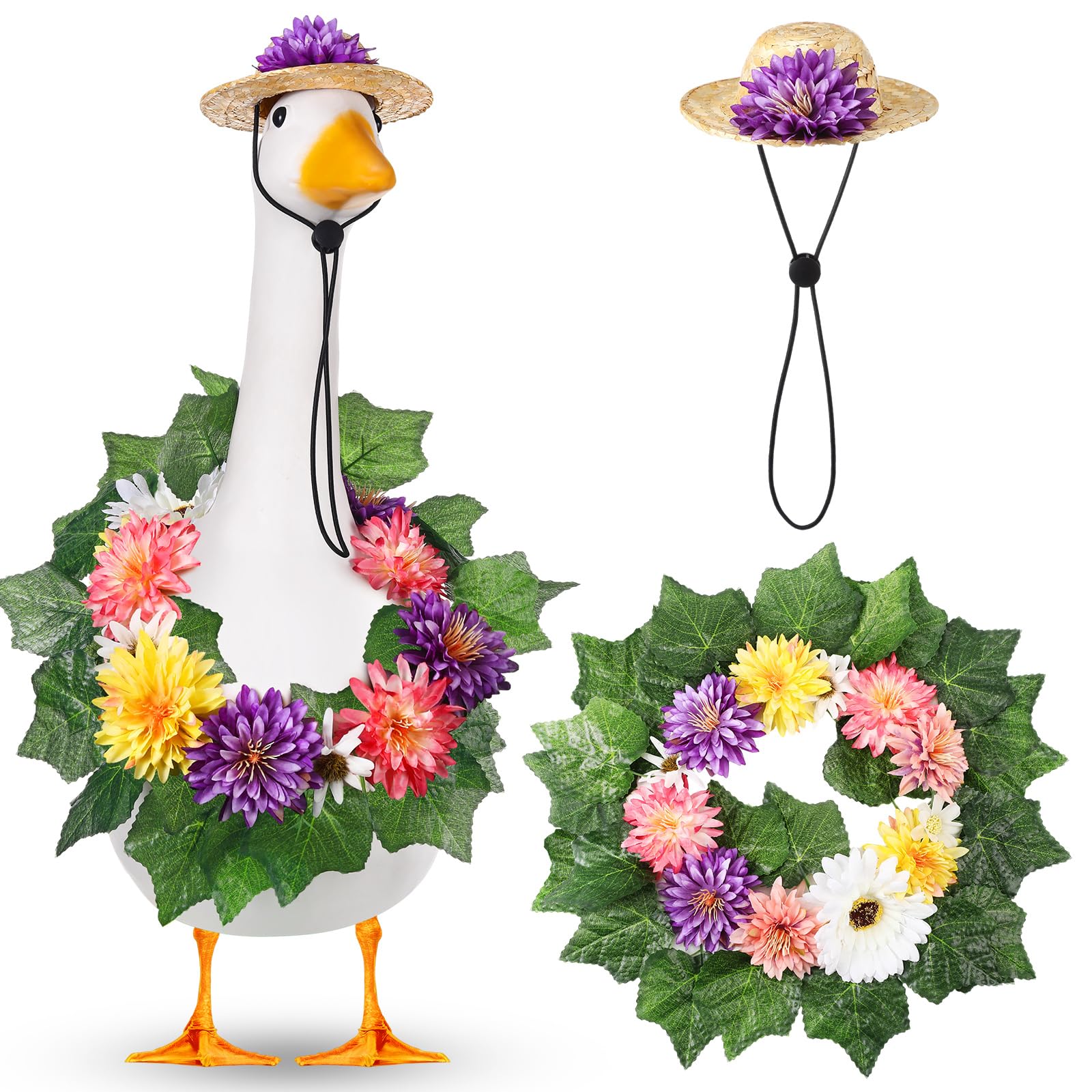 Sunnymove Spring Porch Goose Outfits Including Flower Hat Spring Wreath with Leaves Summer Goose Costume Decor for 17‘' 23" Cement/Plastic Geese