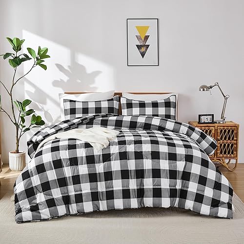 Miniatura 12 de Juego de edredón a cuadros negros y blancos, edredón alternativo de 3 piezas a cuadros esponjosos, tamaño Queen (90 x 90 pulgadas), ropa de cama