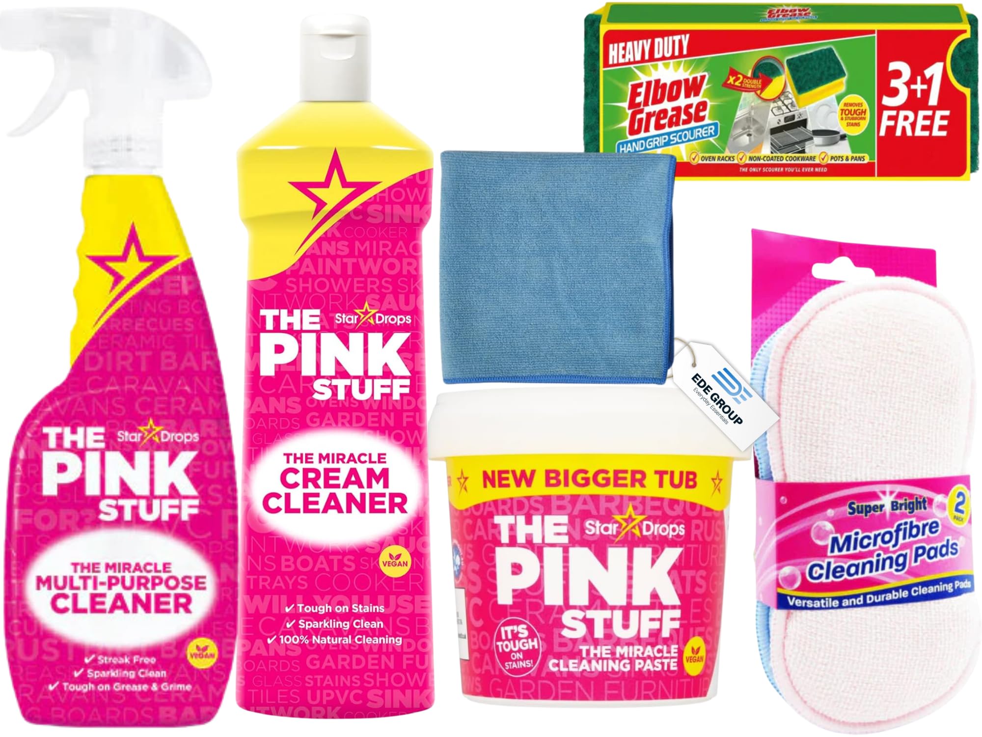 EDE Group Pink Stuff 3 pcs Set - Multi-Purpose Cleaner 850ml Spray, Cream Cleaner 500ml, Cleaning Paste 850g with Elbow Grease 3+1 Sponge, Micro-Fibre Pad and Cloth