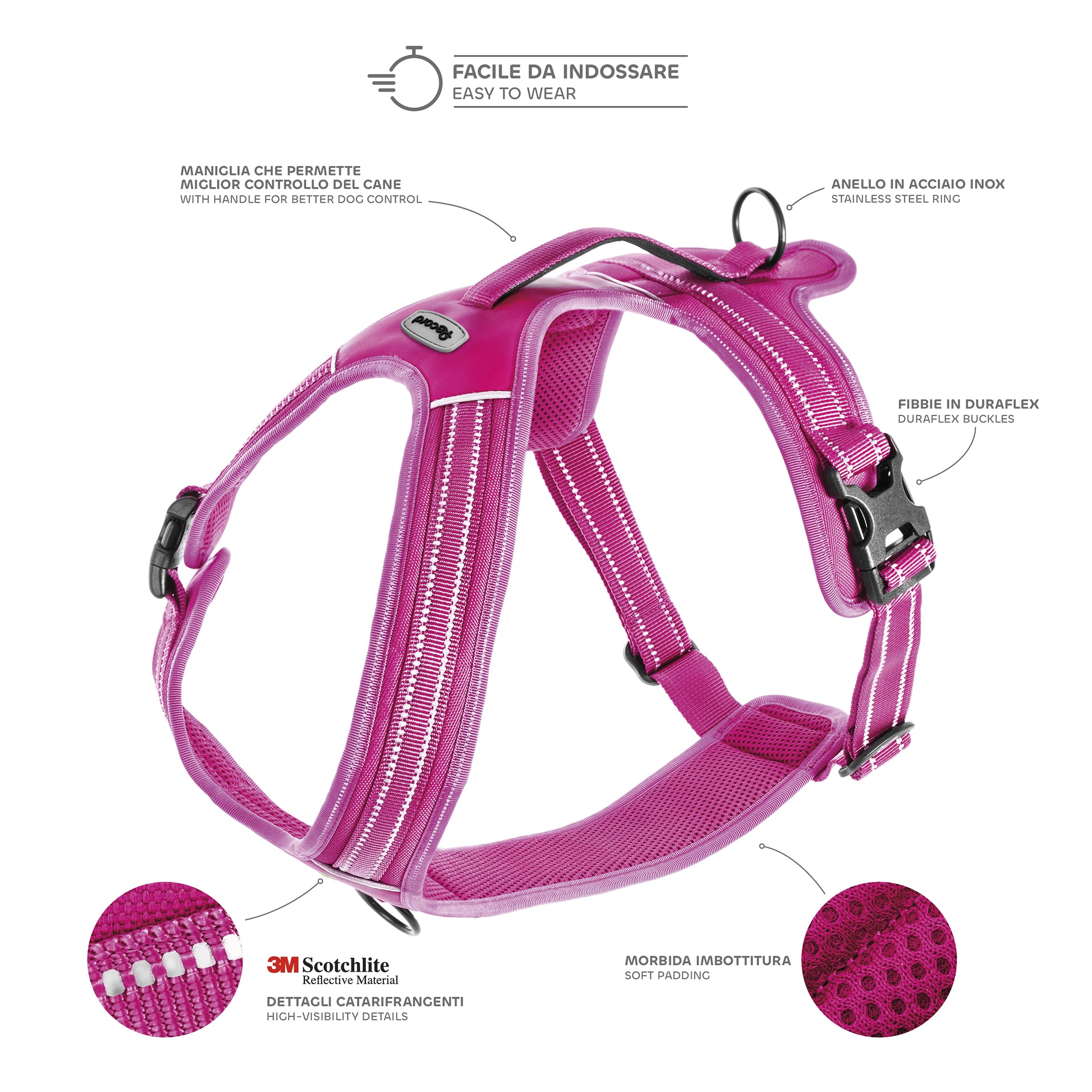 Record - Harnais pour chien Action Alpes - Couleur Fuchsia - Taille XL - Matière : Nylon Tressé avec Bandes Réfléchissantes 3M ScotchLite - Circonférence 90-125 cm