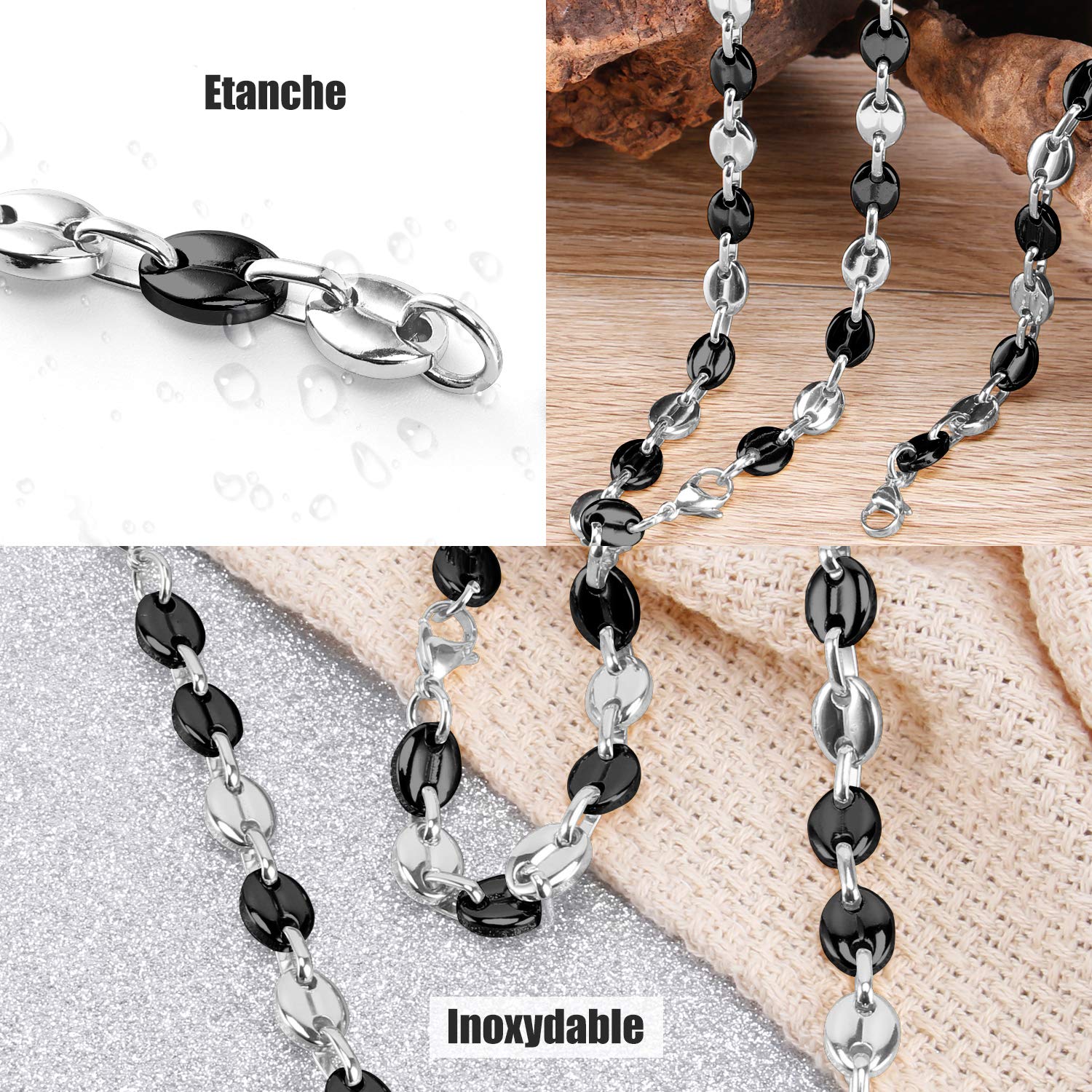 AURSTORE Parure Bracelet ET Chaine Homme Acier INOX Massif Grain DEà café Taille Couleurs AU Choix (9mm, Argenté-Noir)