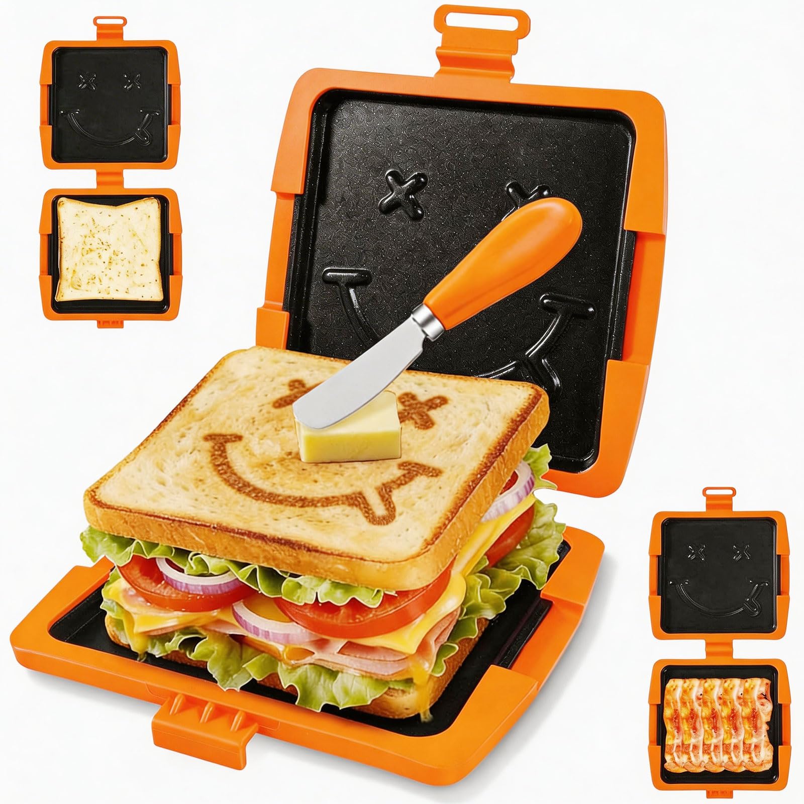 Microwave Sandwich Maker, Toastie Maker with Smiling Face, Panini Maker for Quick Cooking Breakfast, Grilled Cheese, Panini Presses for Home, Travel, Office, Dorm, Easy to Clean and Store (Orange)