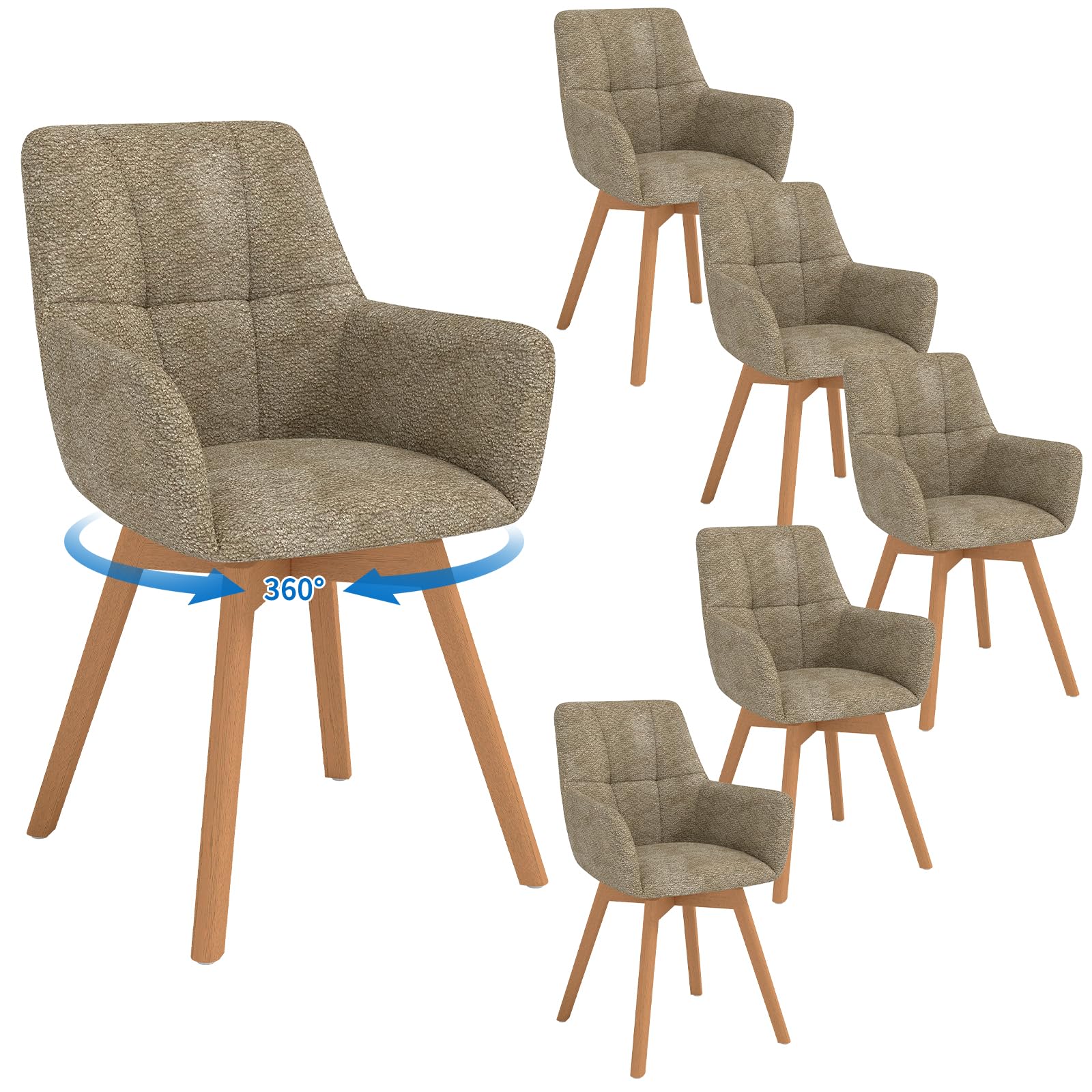 LEWE Sillas de Comedor Giratorias Juego de 6, Reposabrazos, Patas de Madera | Silla Giratoria de 360°, Silla Tapizada con Respaldo Ergonómico de Tela, para Comedor, Cocina, Salón , Marrón