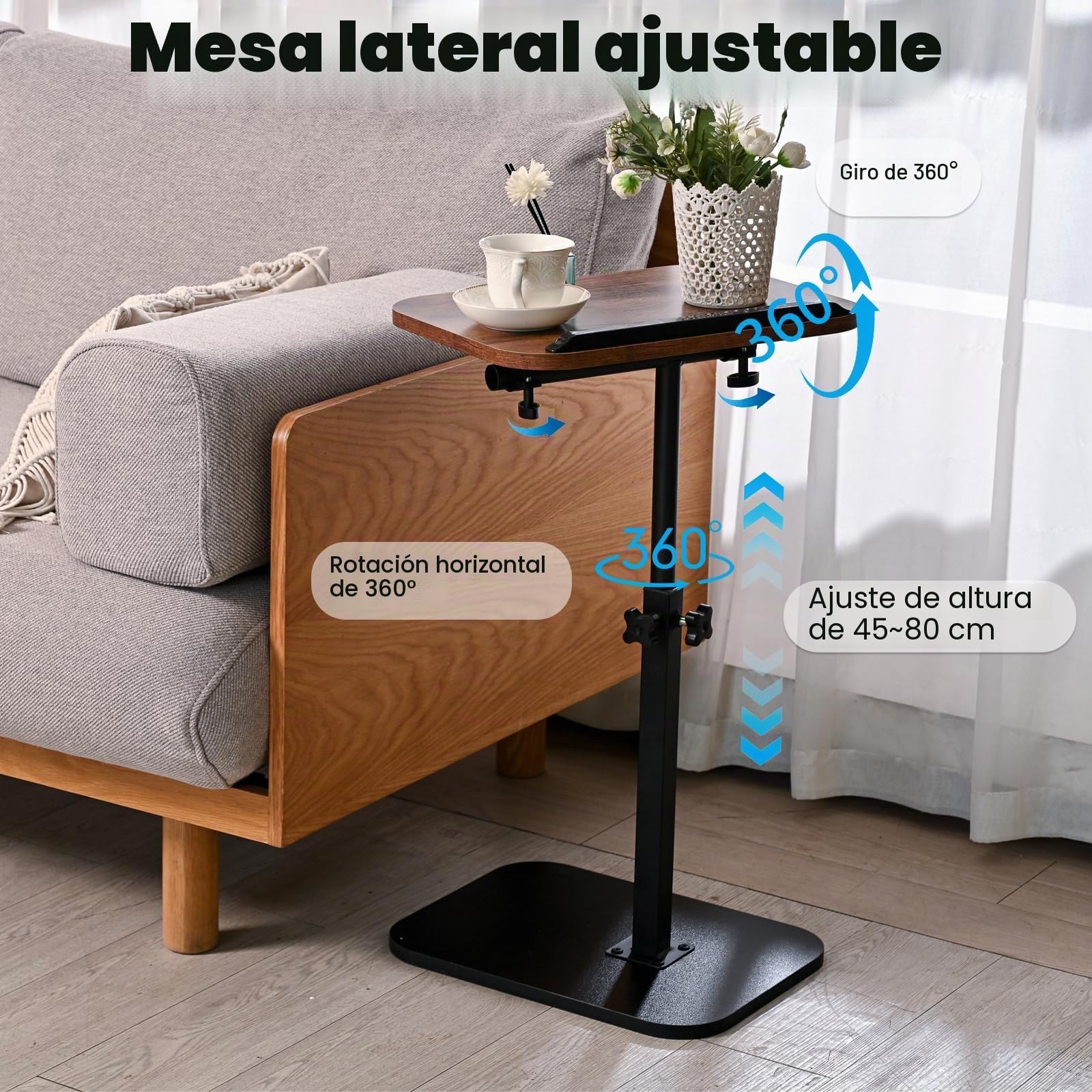 Mesa Auxiliar en Forma de C, Mesa Auxiliar giratoria de 360° en Altura Ajustable para Espacios pequeños, con Ranura para teléfono y Tableta de Noche para Cama y Sofá (Marrón rústico)