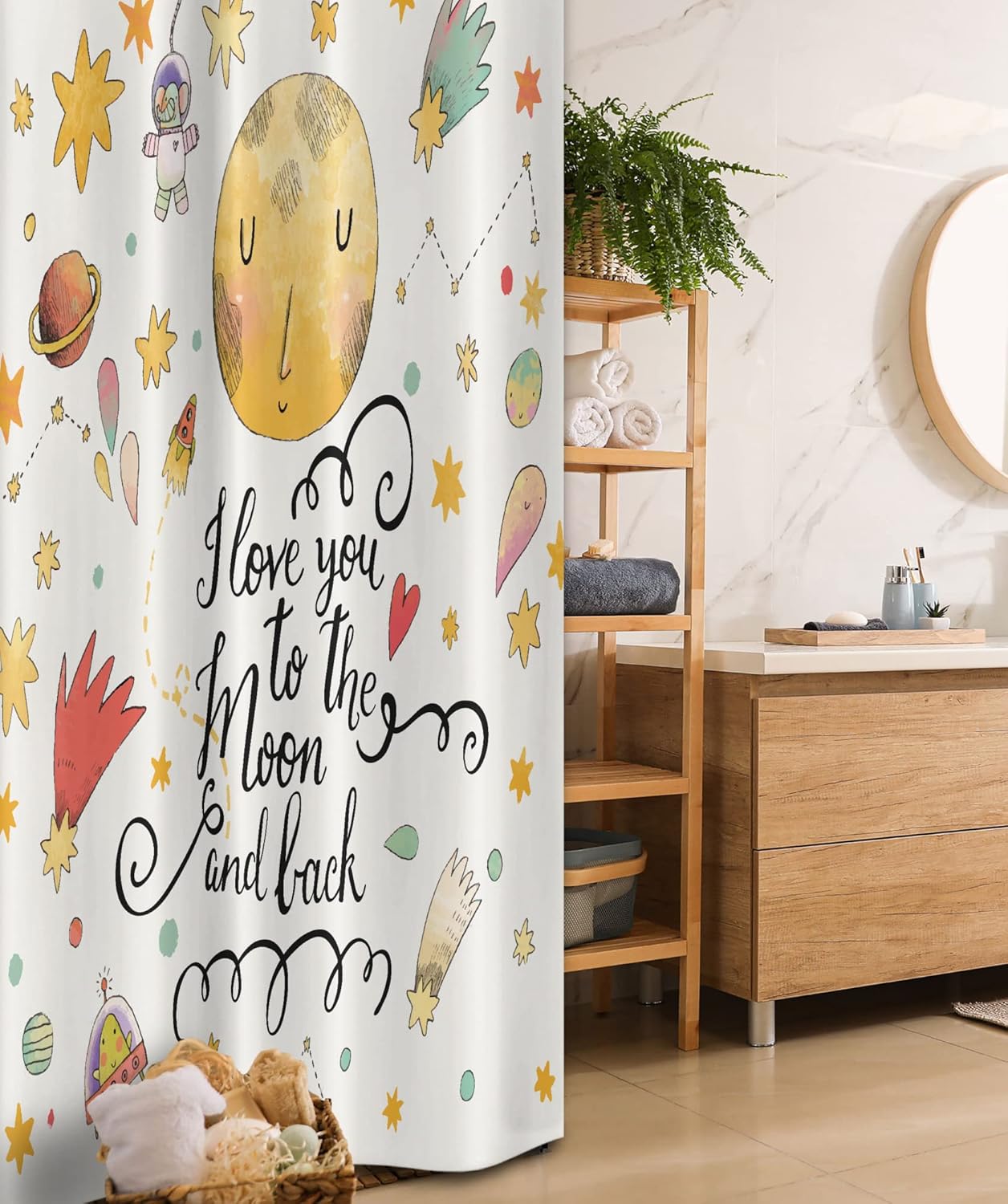 Ambesonne Star Stall Shower Curtain, I Love You to The Moon and Back Romantic Words Cartoon Planets Moon Astronauts, Fabric Bathroom Decor Set with Hooks, 54" W x 78" L, Mustard and Brown