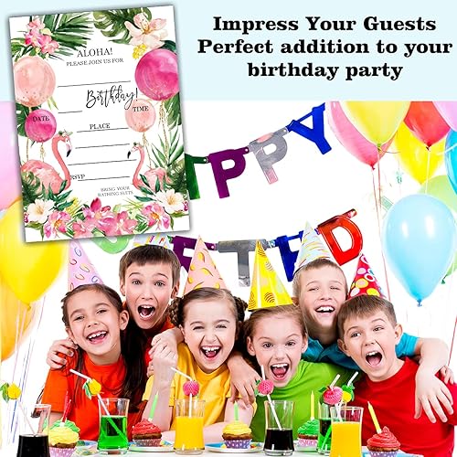 Miniatura 4 de Tarjetas de invitación para fiesta de cumpleaños, celebración de fiesta Aloha, suministros de fiesta de jardín de flamencos, regalos, 20 tarjetas