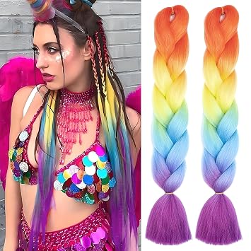 Rainbow Braiding Hair Extensions for Women Girls Ombre Jumbo Stretched Box Braids Colorful Rainbow Twist Braiding High Temperature Synthetic Crochet Braiding Braids Hair 24 Inch 2 Packs