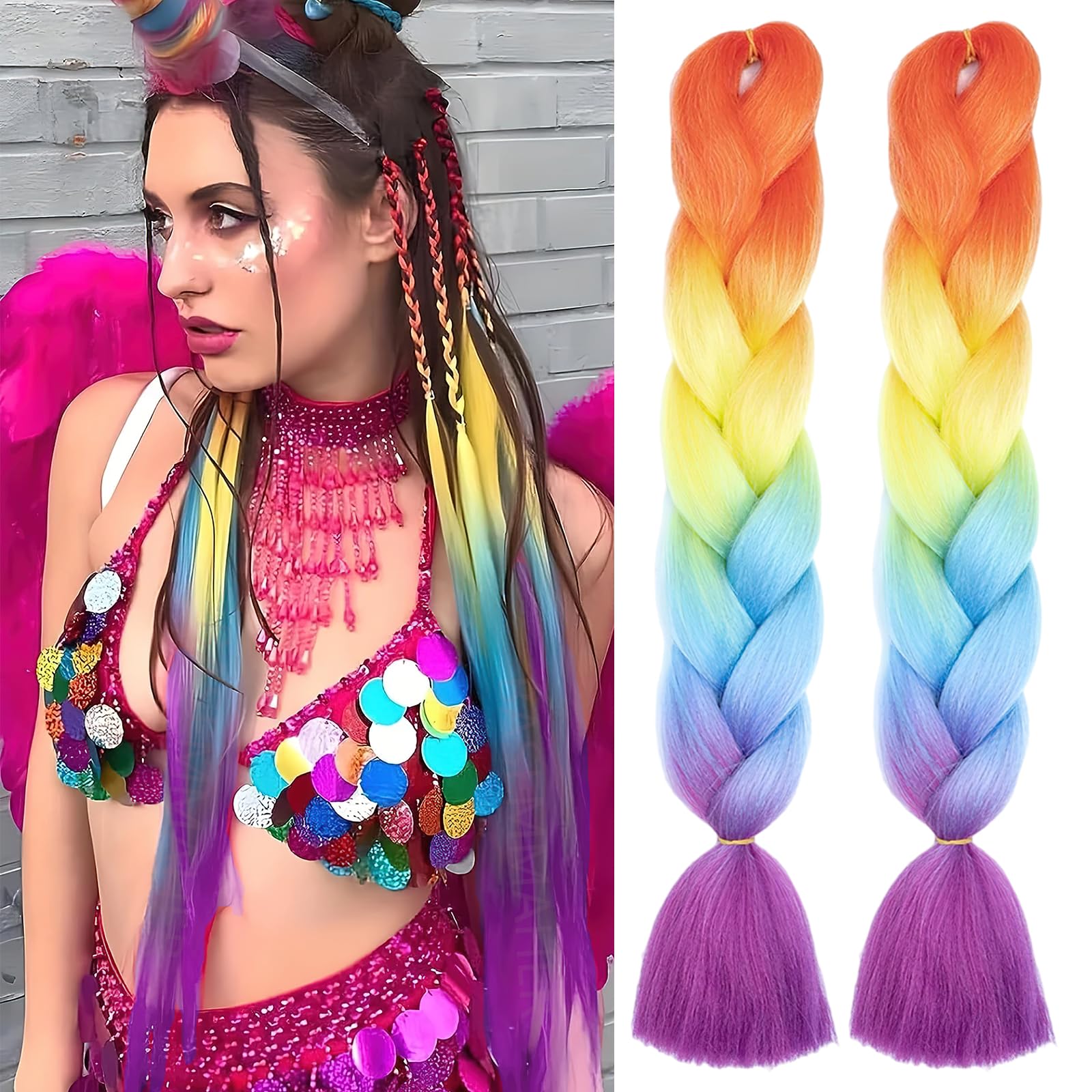 Rainbow Braiding Hair Extensions for Women Girls Ombre Jumbo Stretched Box Braids Colorful Rainbow Twist Braiding High Temperature Synthetic Crochet Braiding Braids Hair 24 Inch 2 Packs