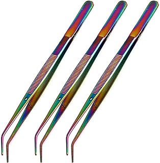 Pack of 3 Multi Color Titanium Rainbow Stainless Steel Tweezers, with Curved Serrated Tip Multipurpose Tweezers Sewing Machine Tweezers Forceps for Craft Repairing