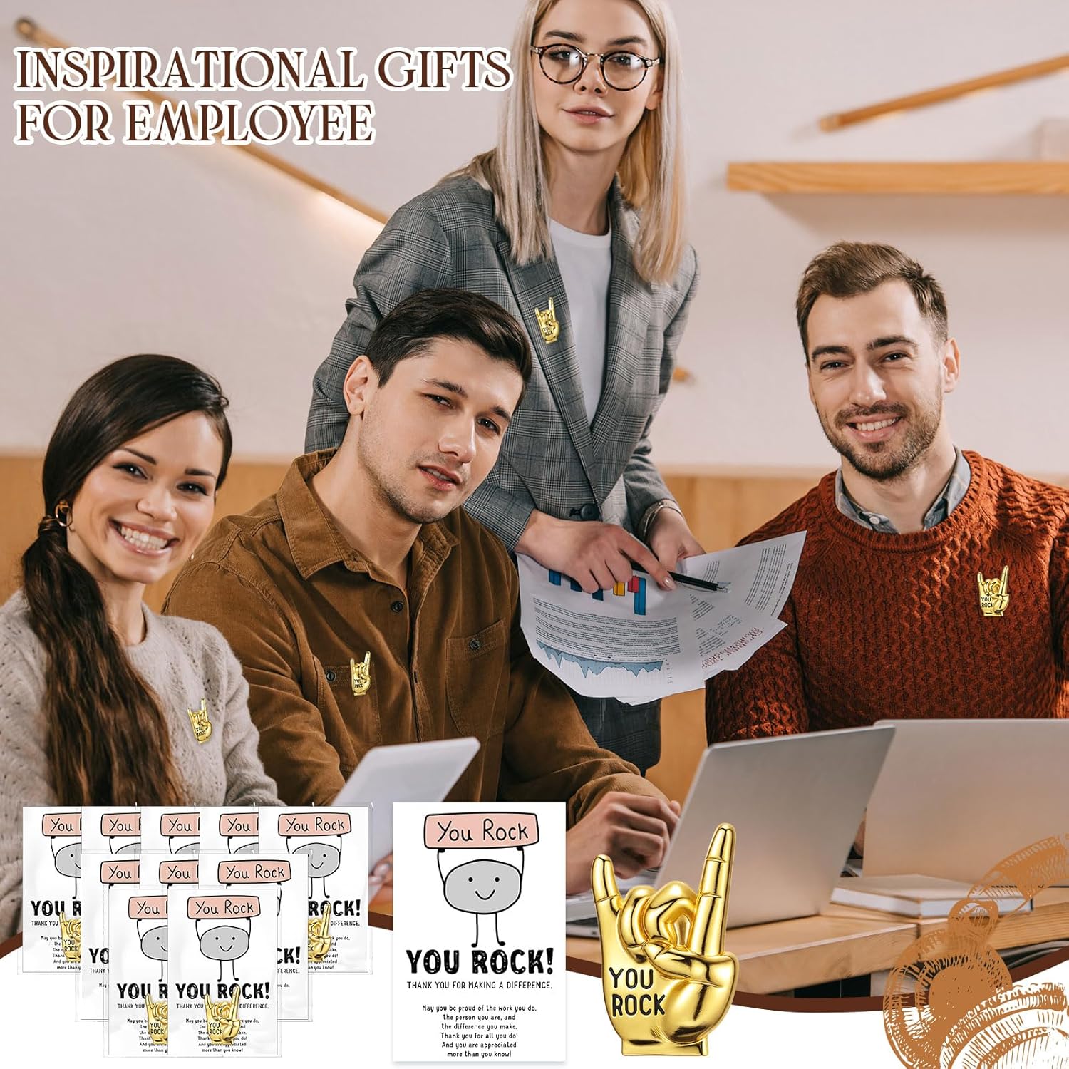 Zeyune You Rock Enamel Pins Employee Appreciation Gifts Bulk You Rock Gifts for Coworkers Office Staff Work Team Teacher Funny Employee of The Month Lapel Pin Thank Cards Bags
