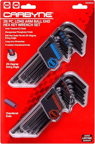 Vista 18 de Carbyne Juego de llaves Allen con extremo de bola de brazo largo de 35 piezas, pulgadas/métricas/torx. Incluye hexagonal métrico 0.050 in-0.394 in