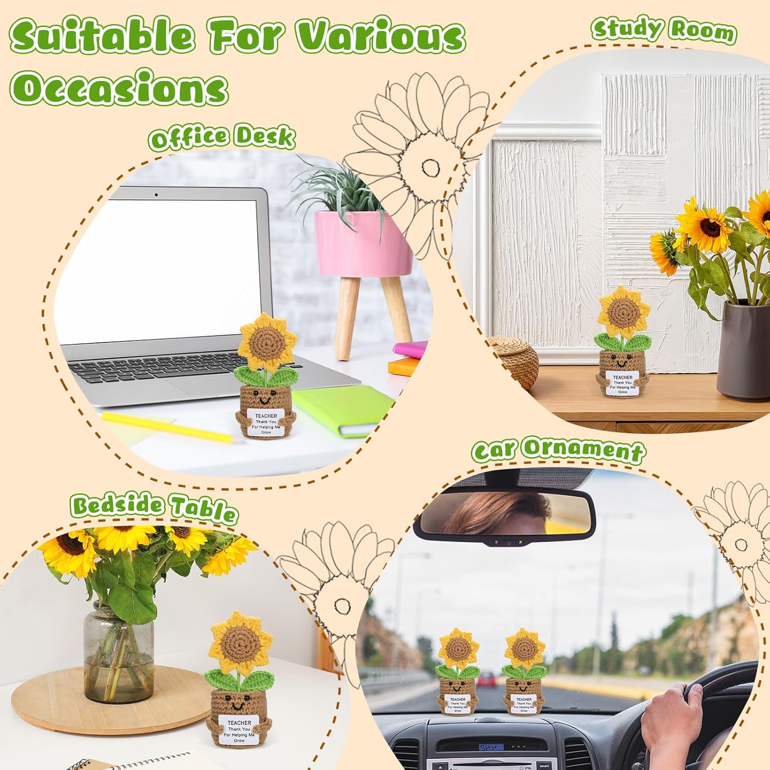 6Pcs Teacher Appreciation Gift Support Sunflower Crochet Mini Emotional Positive Gifts Inspirational Thank You for Helping Me Motivational Present for Women Men Classroom Office Decor from Student