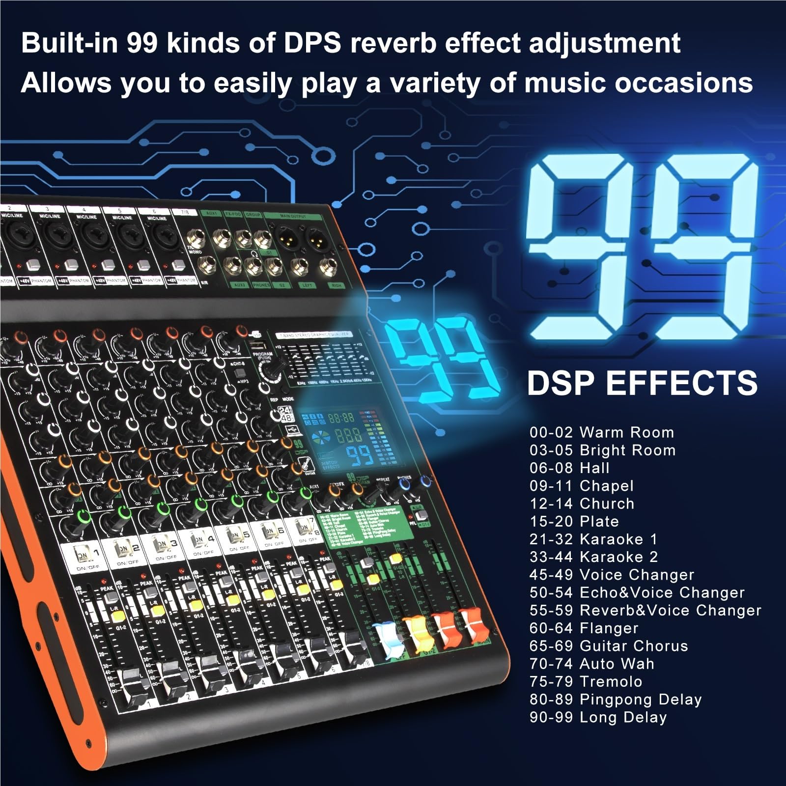 Mezclador de profesional 99 DSP, 8 canales, consola de DJ de doble grupo, alimentación fantasma de 48 V, USB, for escenario, bar y grabación.