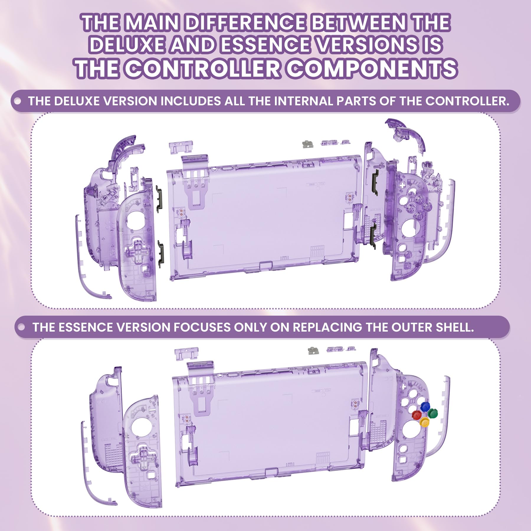 eXtremeRate Cover per Nintendo Switch 2, Custodia Ricambio per Joycon con Set Completo di Tasti, Accessorio per Switch 2, Senza Joycon e Console(Dpad Versione) - Trasparente Viola Atomico
